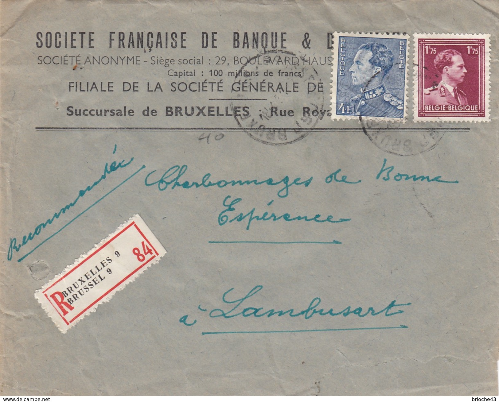 BELGIQUE - LETTRE SOCIETE FRANCAISE BANQUE ET DEPOTS BRUXELLES - RECOMMANDEE BRUXELLE POUR LAMBUSART - C. CIRE AU DOS /2 - Altri & Non Classificati