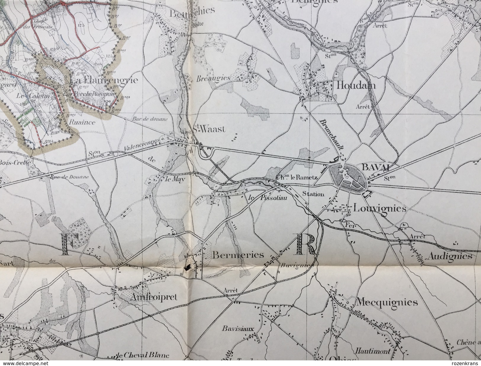 Topografische en militaire kaart STAFKAART 1908 Roisin Erquennes Aulnois Grand Reng Maubeuge Bavay Le Qusnoy Dour