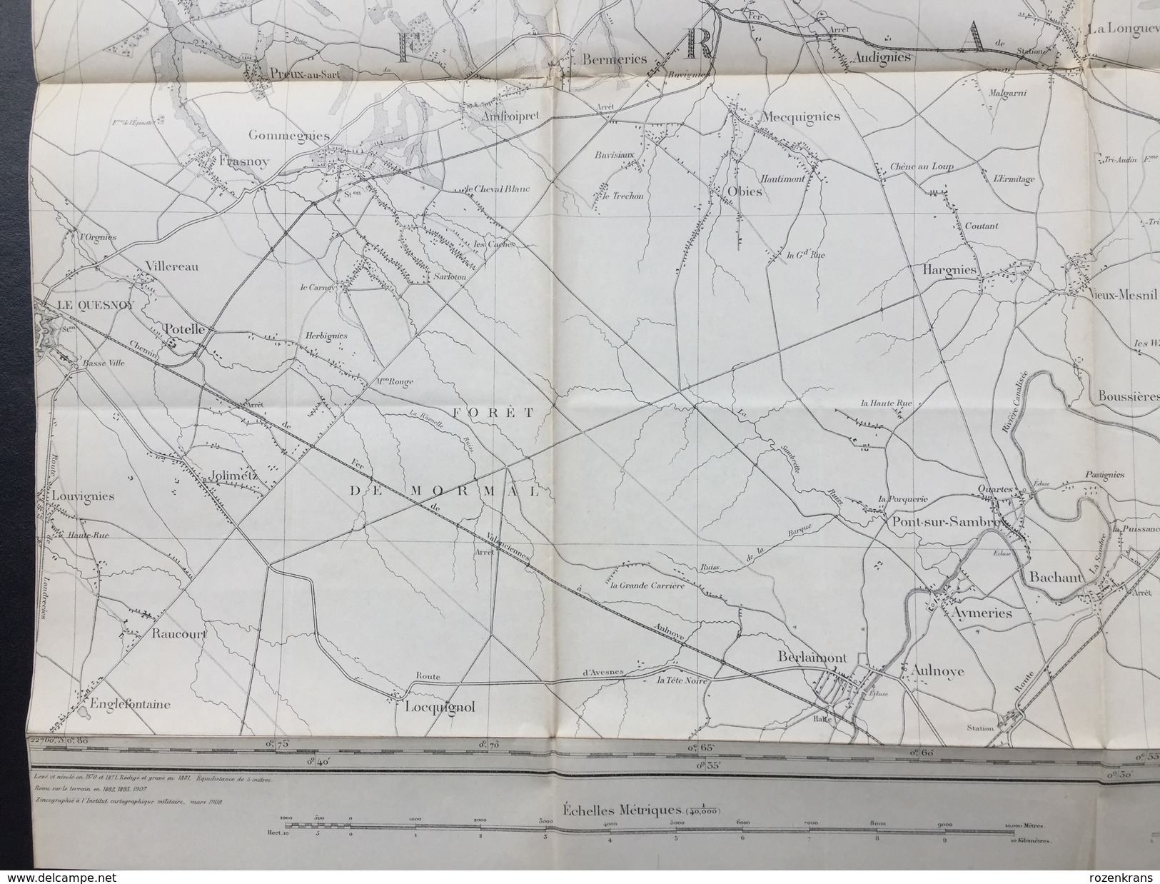 Topografische en militaire kaart STAFKAART 1908 Roisin Erquennes Aulnois Grand Reng Maubeuge Bavay Le Qusnoy Dour