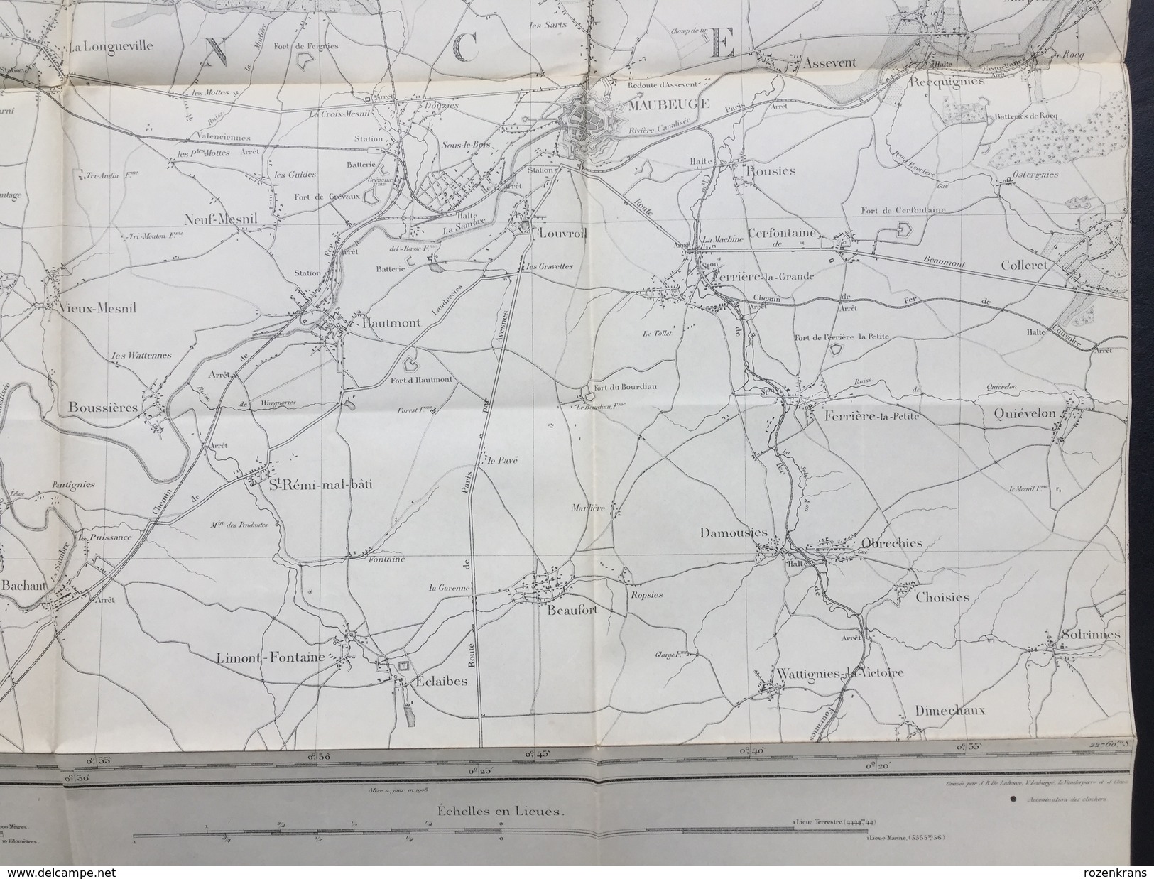 Topografische en militaire kaart STAFKAART 1908 Roisin Erquennes Aulnois Grand Reng Maubeuge Bavay Le Qusnoy Dour