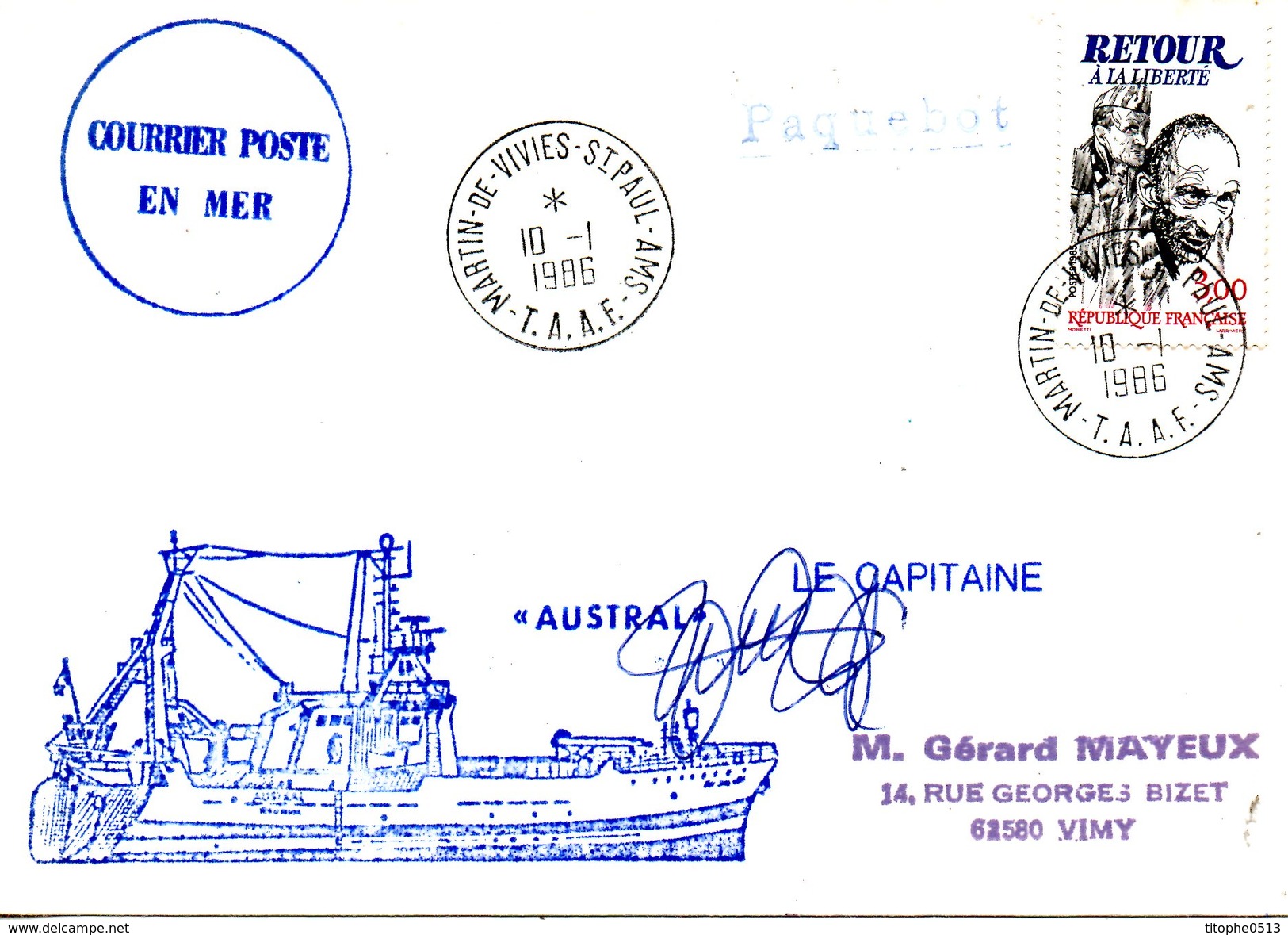 FRANCE. Enveloppe Ayant Circulé En 1986. Navire De Grande Pêche "Austral". - Navires & Brise-glace