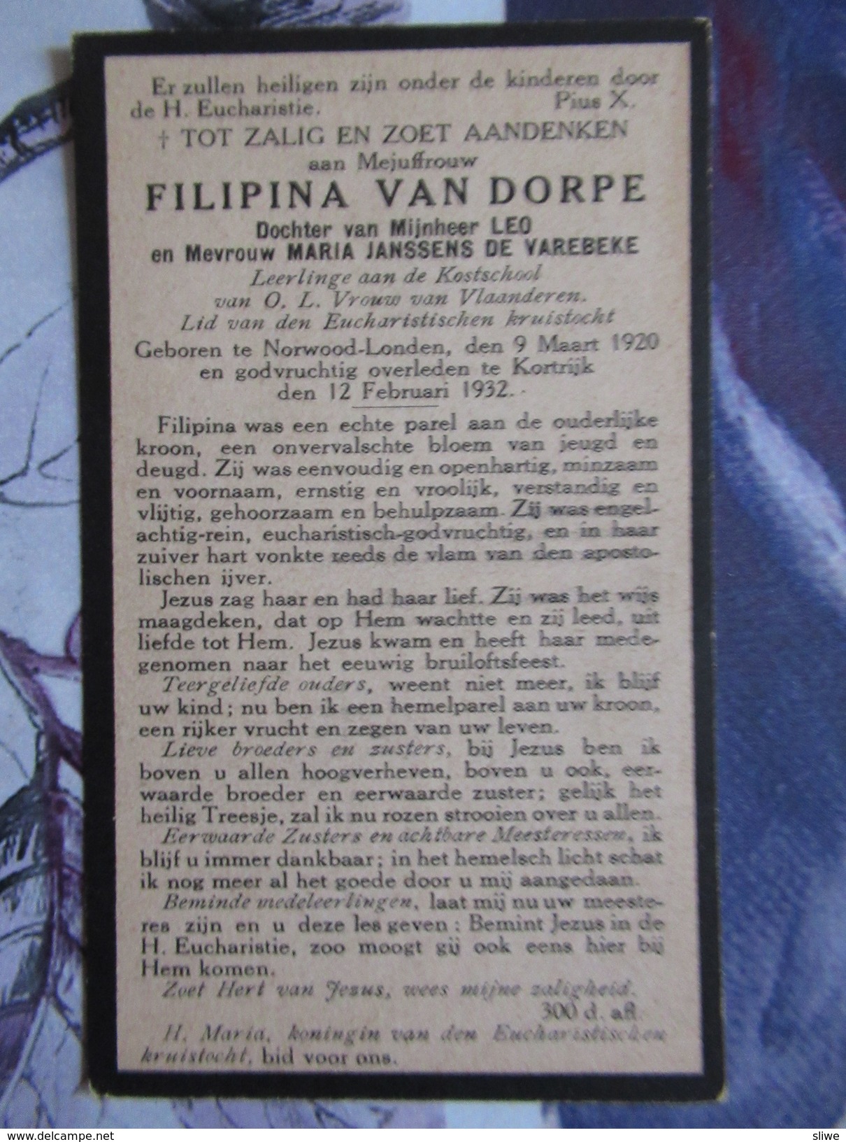 BIDPRENTJE FILIPINA VAN DORPE NORWOOD LONDON KORTRIJK - Religion & Esotérisme