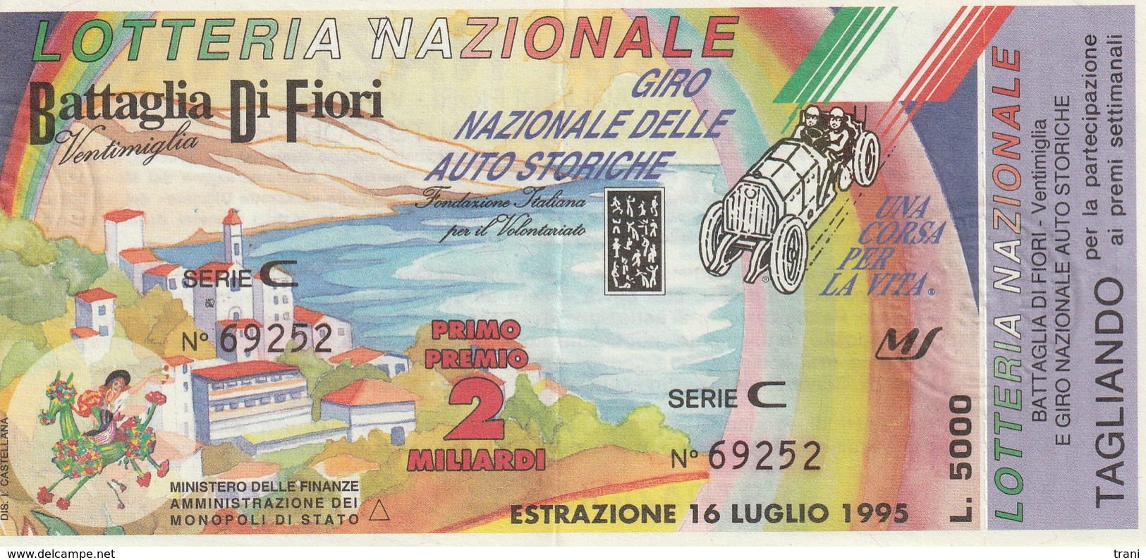 BATTAGLIA DI FIORI Ventimiglia - AUTO STORICHE - Anno 1995 - Billets De Loterie