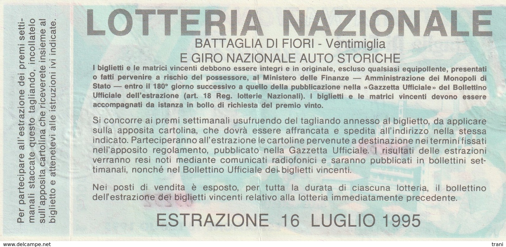 BATTAGLIA DI FIORI Ventimiglia - AUTO STORICHE - Anno 1995 - Billets De Loterie