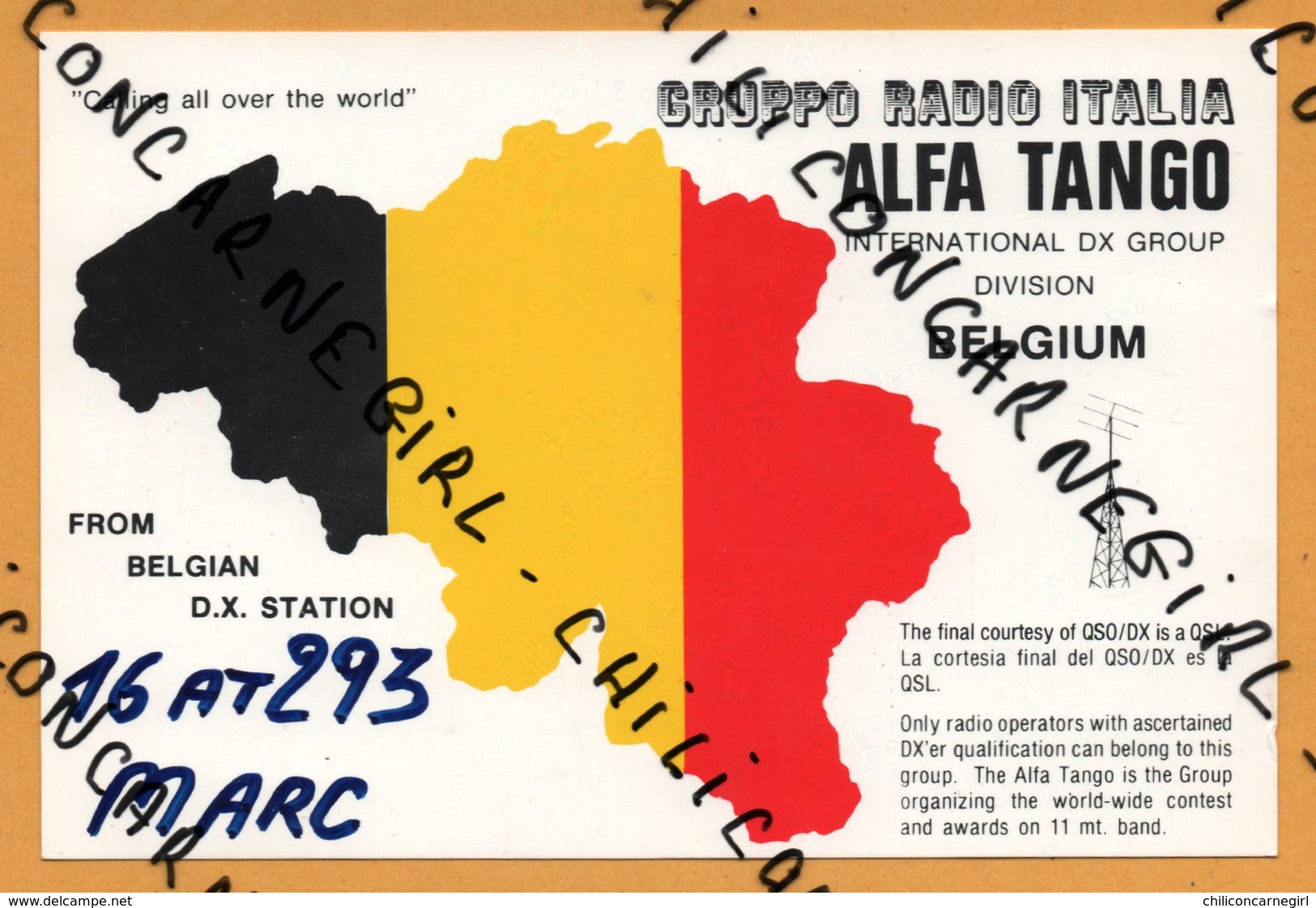 QSL - Gruppo Radio Italia - Alfa Tango - Division Belgium - 16 AT293 - 1992 - Radio Amatoriale