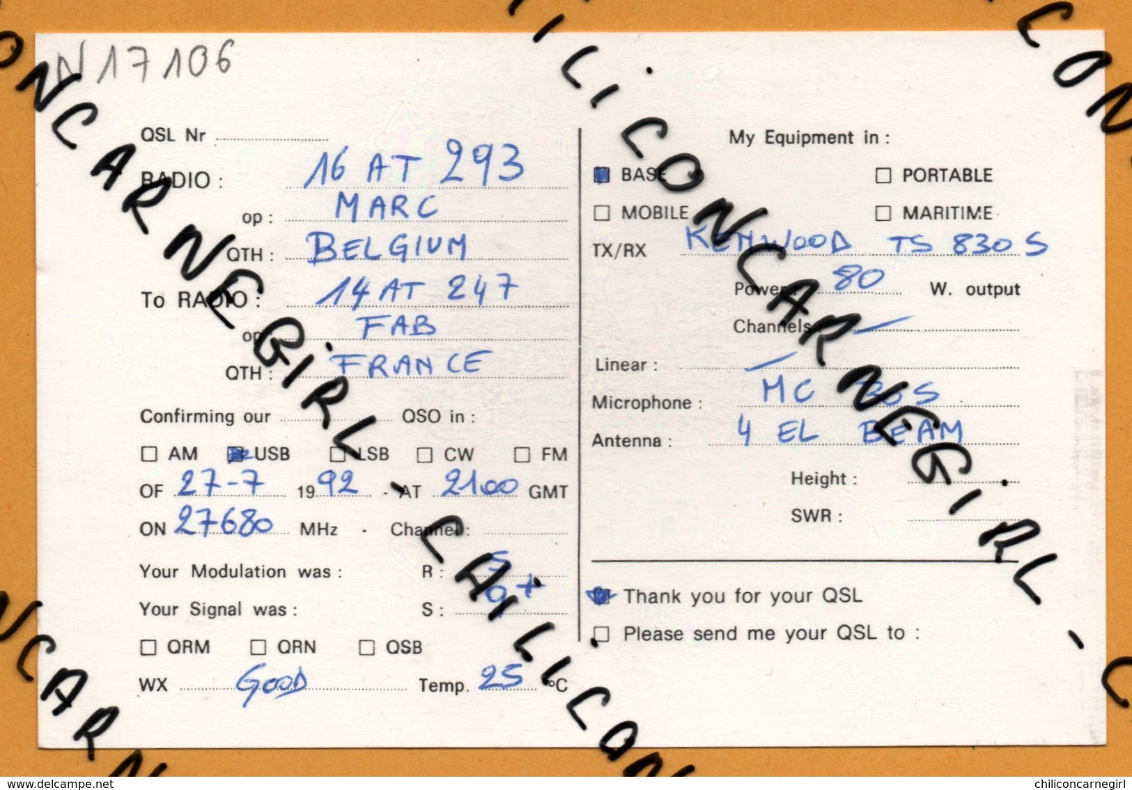 QSL - Gruppo Radio Italia - Alfa Tango - Division Belgium - 16 AT293 - 1992 - Radio Amateur