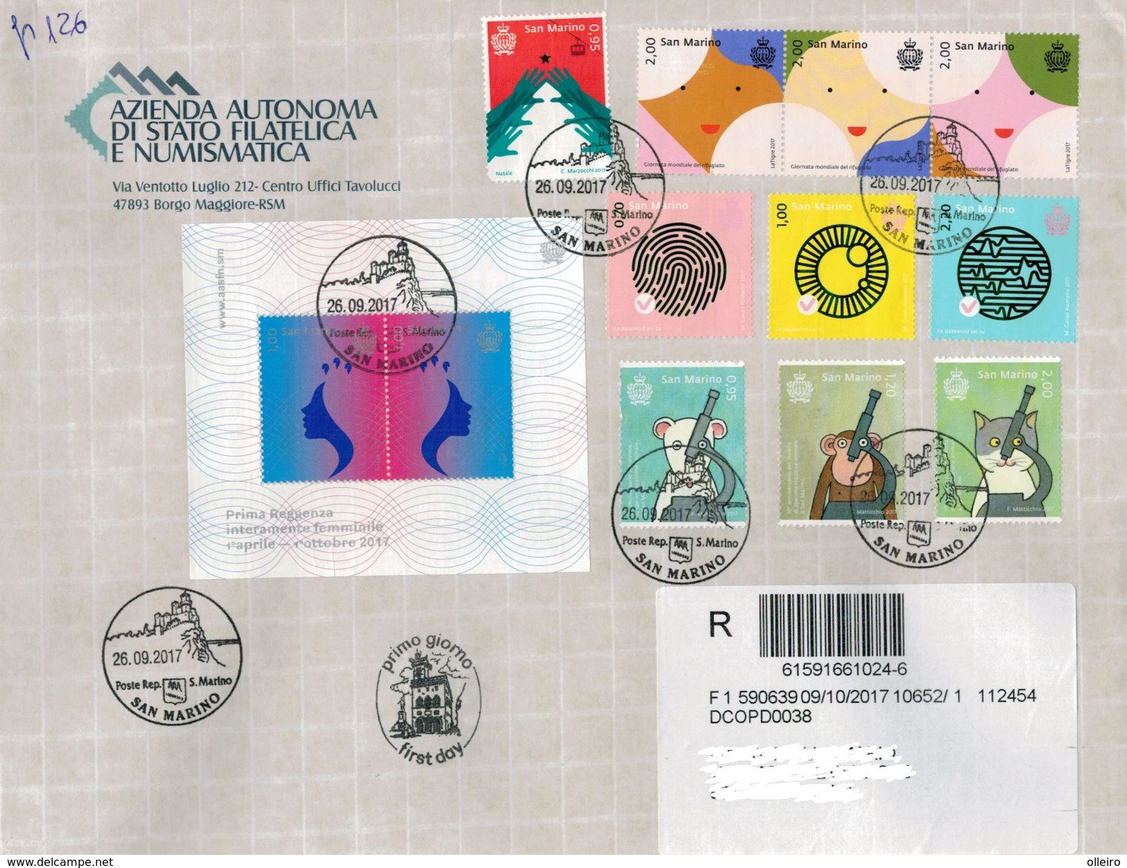 San Marino 2017 Busta FDC Natale - 1°reggenza Femminile - Sperimentazione Animale - Giornata Rifugiato - Password  ° VFU - Usati