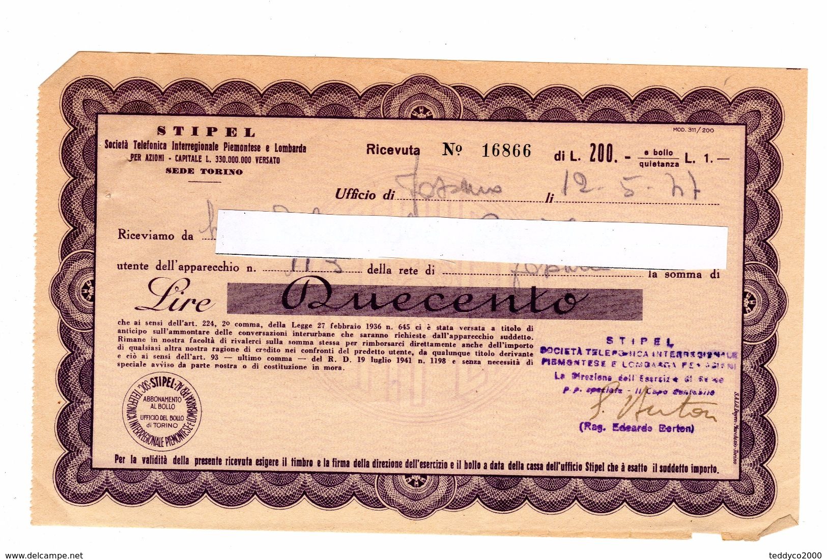 RICEVUTA LIRE Duecento STIPEL 1947 (rete Di Fossano) - Italia