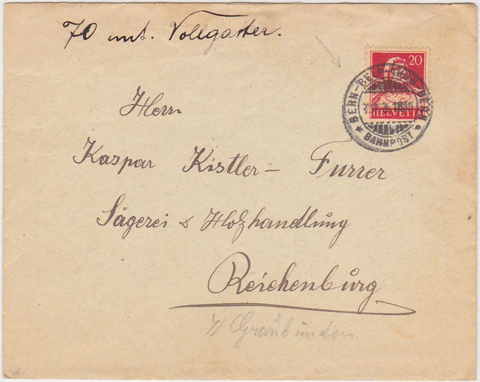 SWITZERLAND 1926 COVER TO REICHENBURG (Schwyz) RAILW.PM "Bern-Belp-Thun-Bern" - Belp