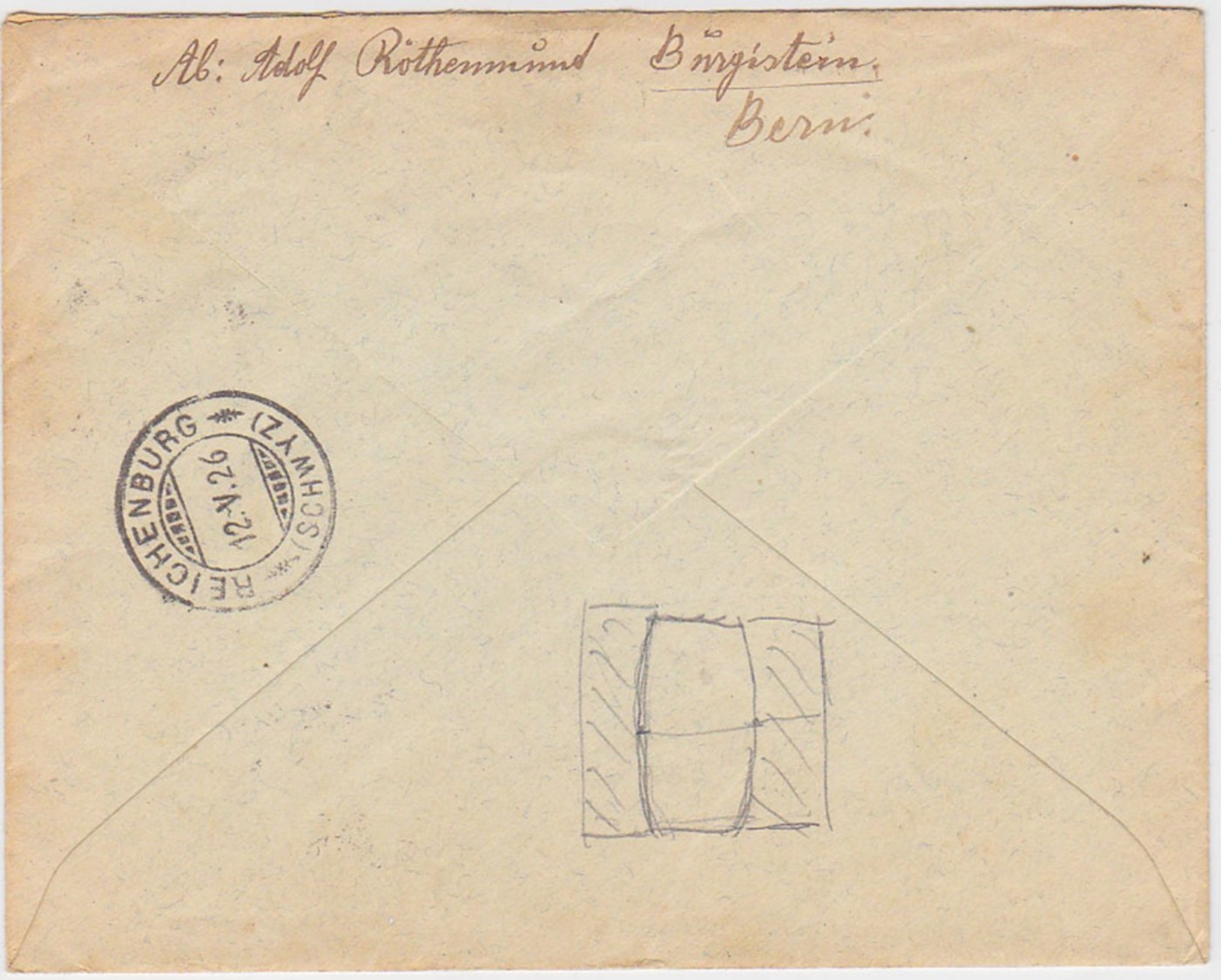 SWITZERLAND 1926 COVER TO REICHENBURG (Schwyz) RAILW.PM "Bern-Belp-Thun-Bern" - Belp