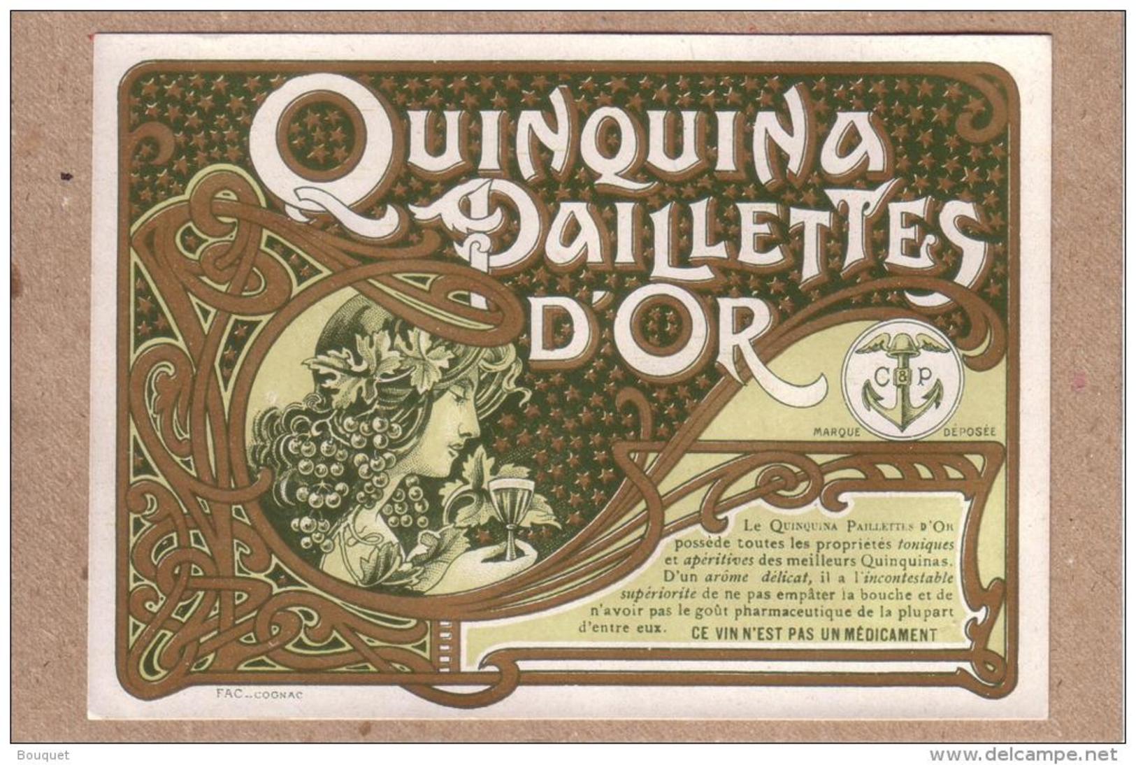 PUBLICITE - ETIQUETTE - DESSIN ART NOUVEAU , PROFIL DE JEUNE FEMME - QUINQUINA PAILLETTES D'OR - Autres & Non Classés