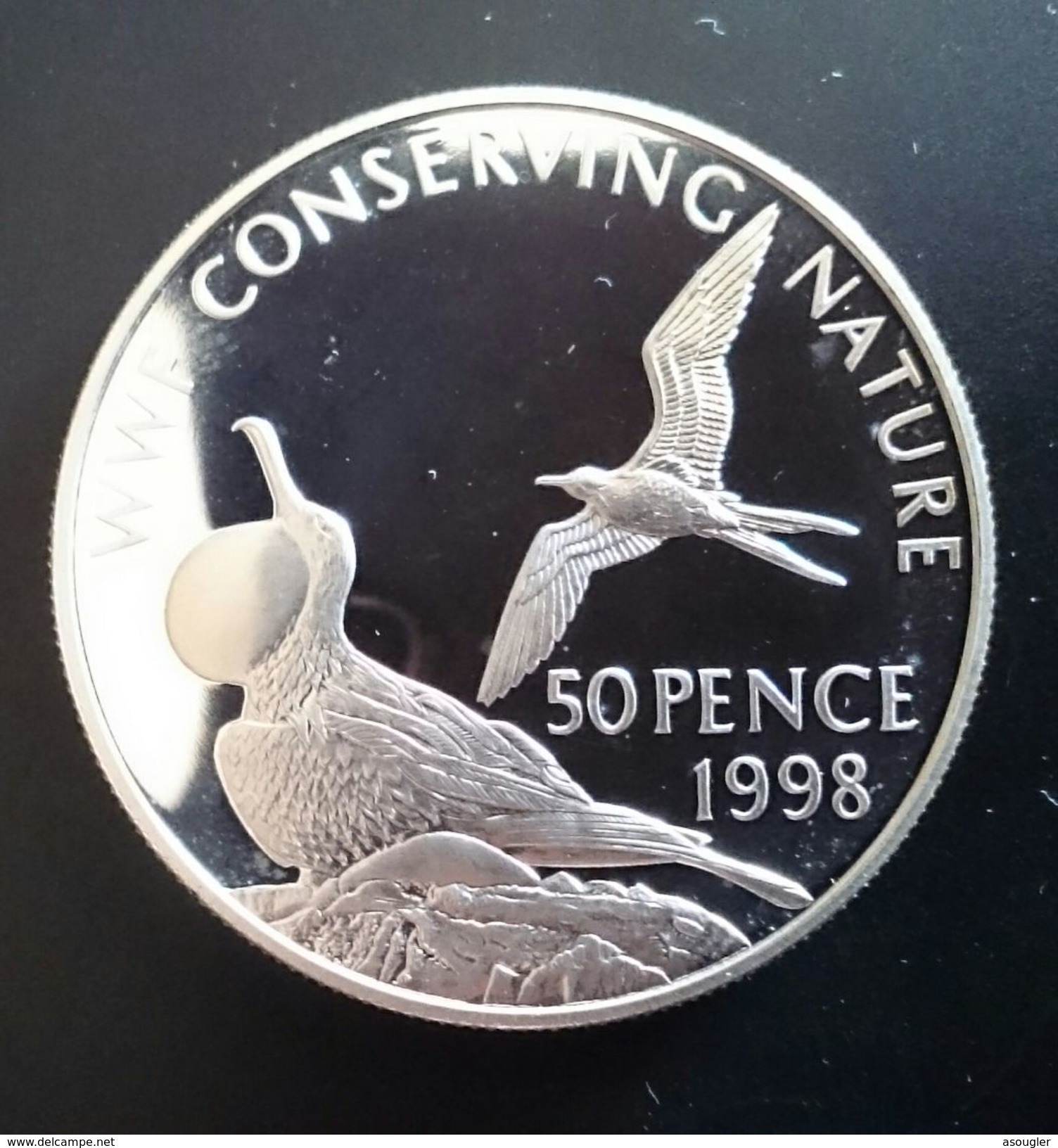 ASCENSION ISLAND 50 PENCE 1998 SILVER PROOF "World Wildlife Fund - Conserving Nature" Free Shipping Via Registered Air - Ascension