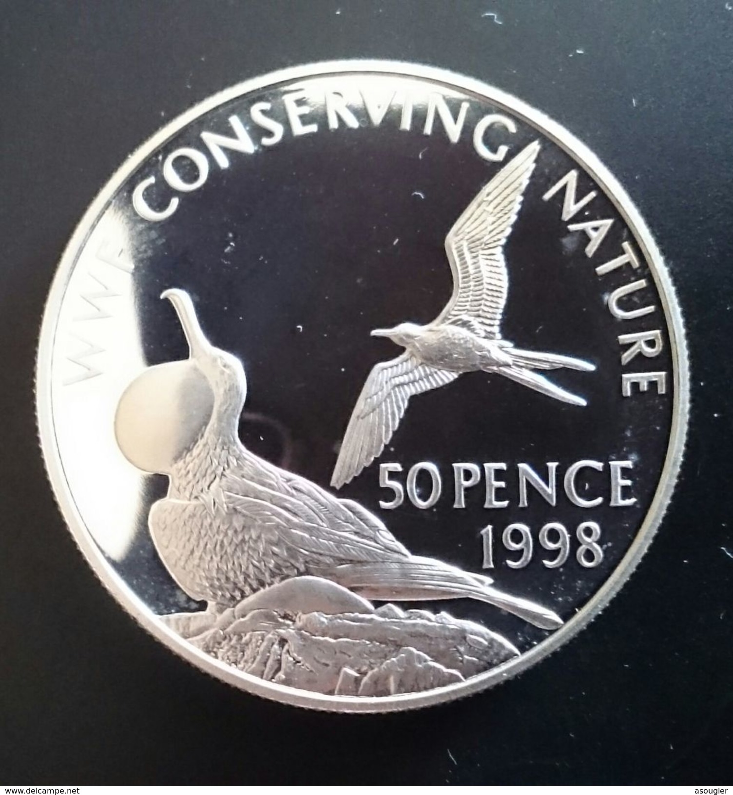 ASCENSION ISLAND 50 PENCE 1998 SILVER PROOF "World Wildlife Fund - Conserving Nature" Free Shipping Via Registered Air - Ascensione