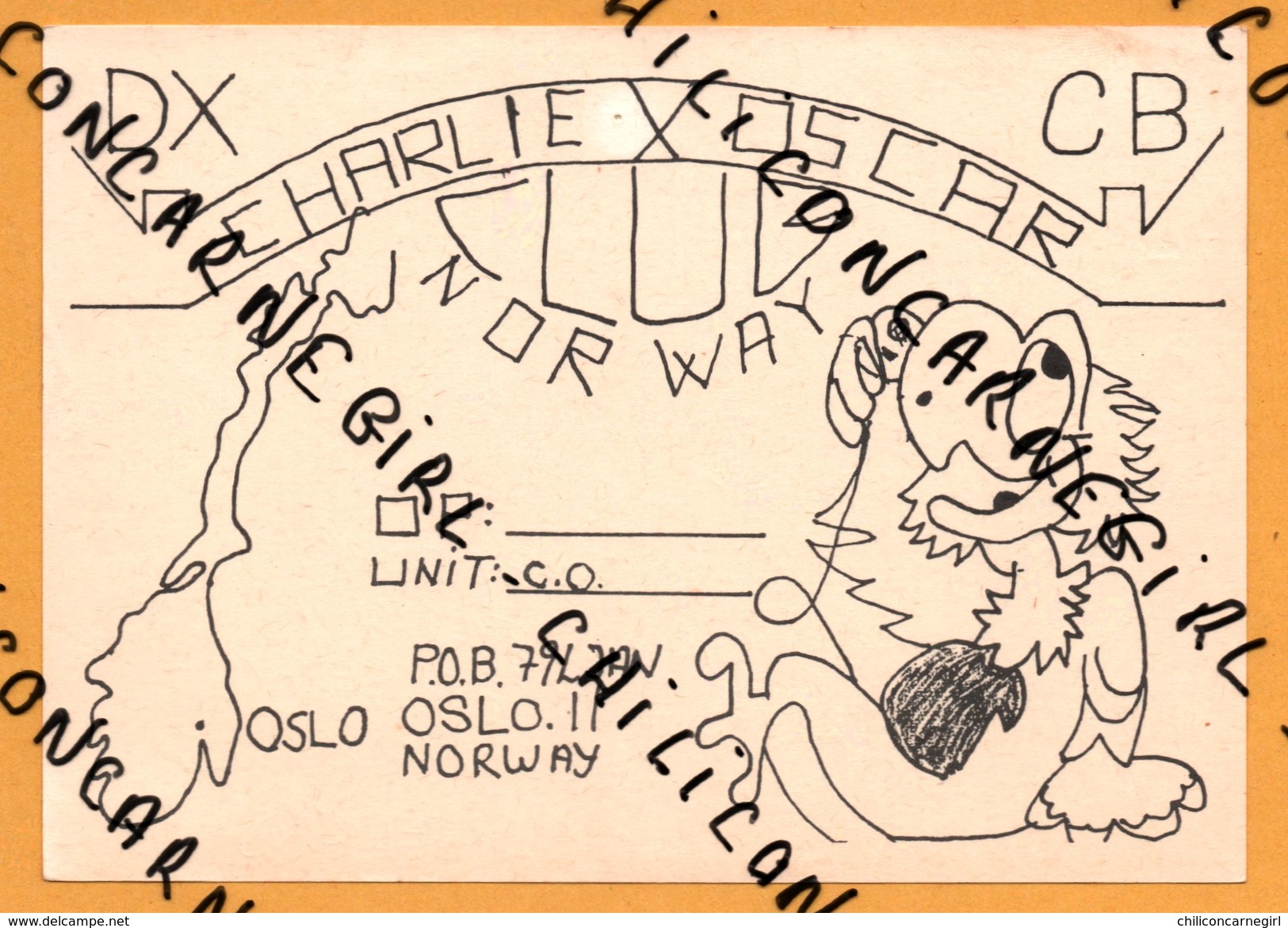 QSL - Carte Faite à La Main - Personnage Dessin Animé - Charlie Oscar - Club Norway - Oslo - DX CB - 1985 - Autres & Non Classés