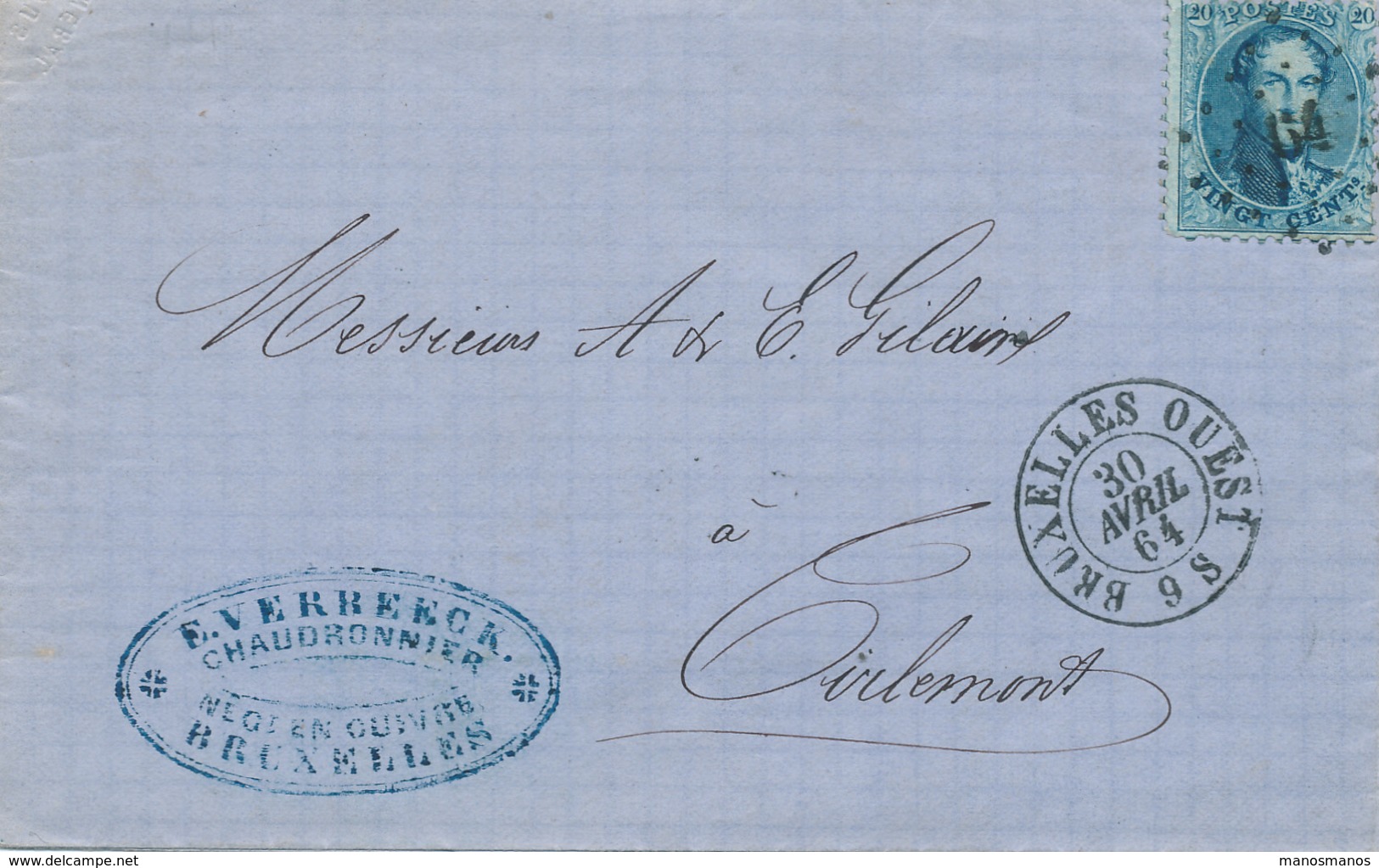 714/25 - Lettre TP 15 Médaillon 20 C Points 64 De BRUXELLES OUEST - Cachet Verbeeck , Chaudronnier , Fonderie De Cuivre - 1863-1864 Medaillons (13/16)