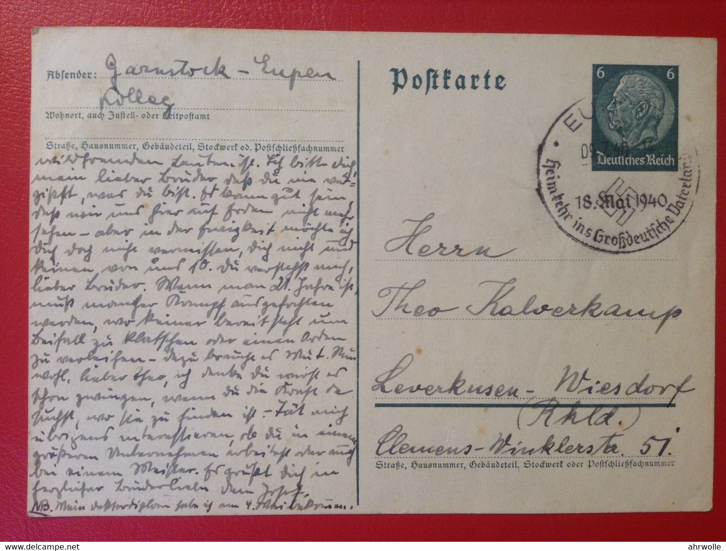 AK Stempel Eupen 1940 WW2 Heimkehr Ins Großdeutsche Vaterland 18. Mai 1940 - Eupen Und Malmedy