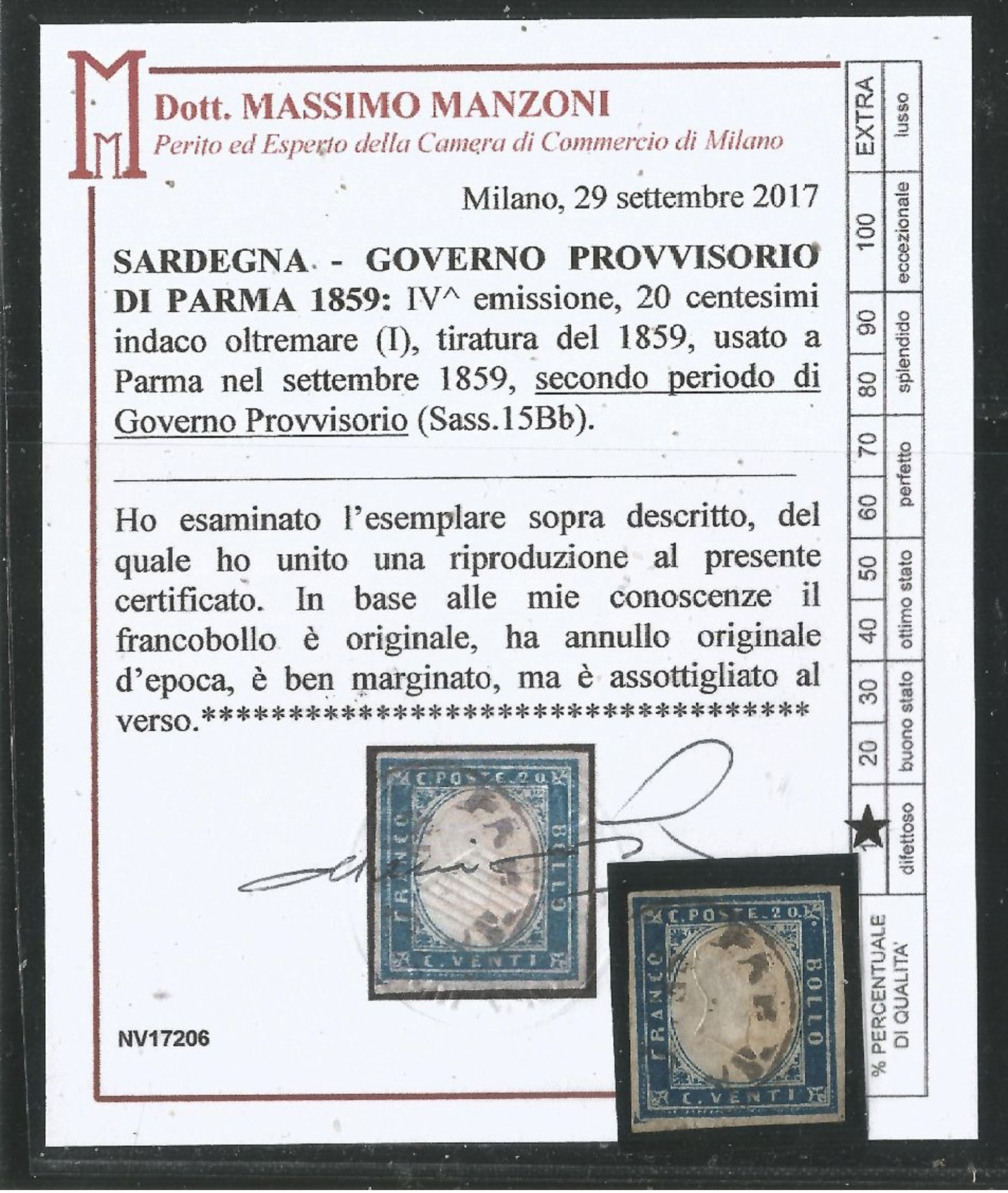 1859 : 20 Cent Indacoltremare (I) Ann. PARMA Gov.Provv. Att. Manzoni (€ 120+) - Sardegna