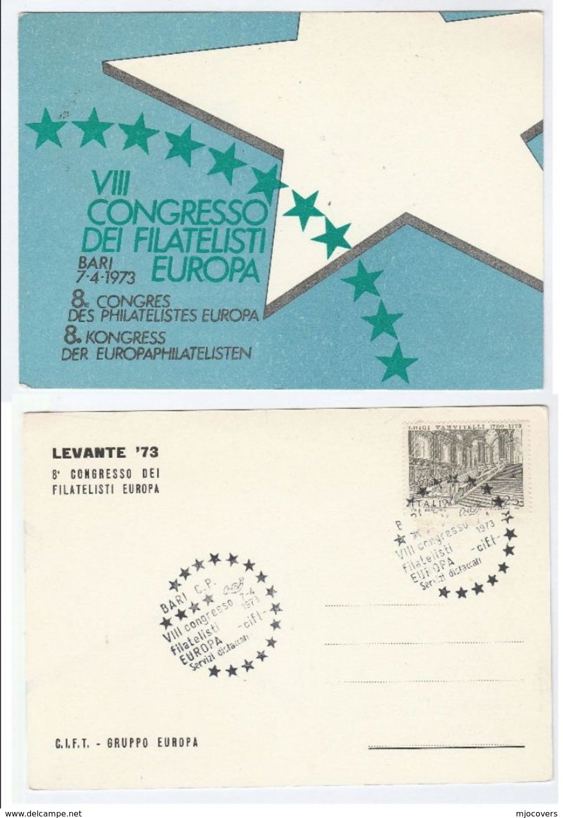 1973 Bari EUROPA PHILATELISTS CONGRESS  EVENT COVER Card  ITALY Philatelic Exhibition Postcard Stamps - 1971-80: Marcophilia