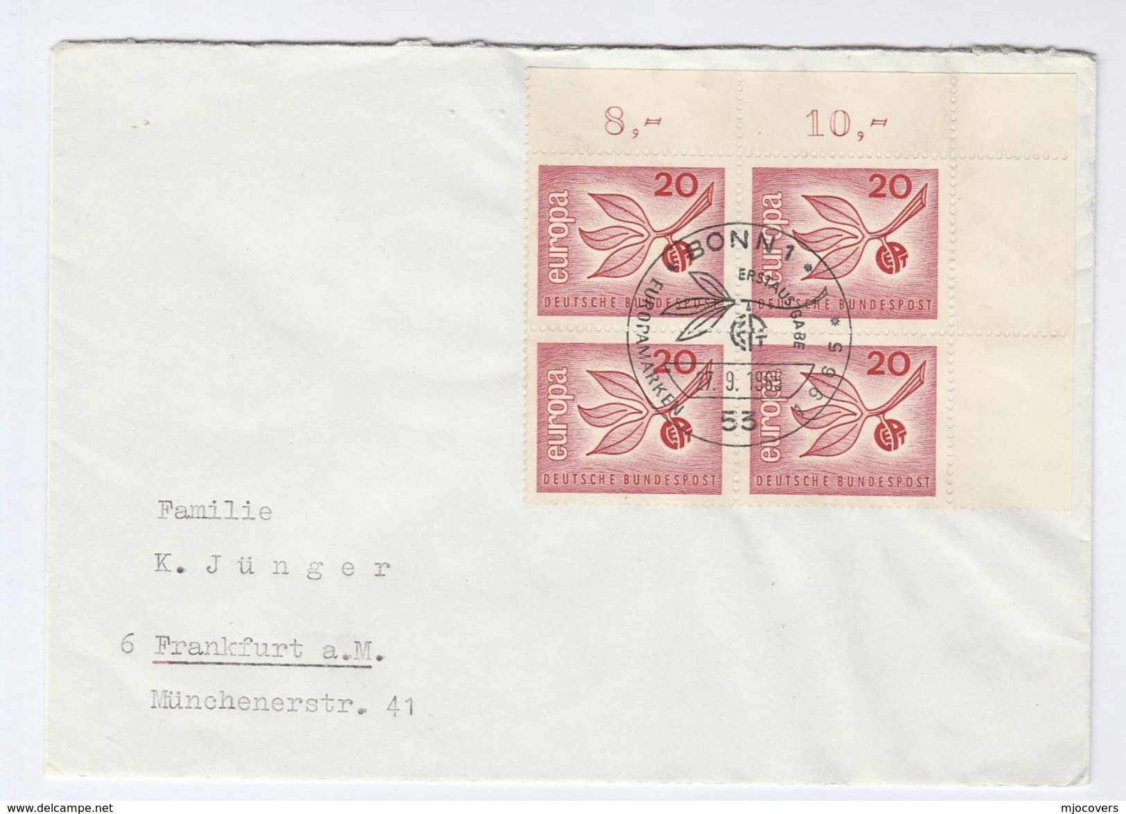 1965 GERMANY FDC Corner Block EUROPA Stamps With Number Selvedge, Cover - 1965