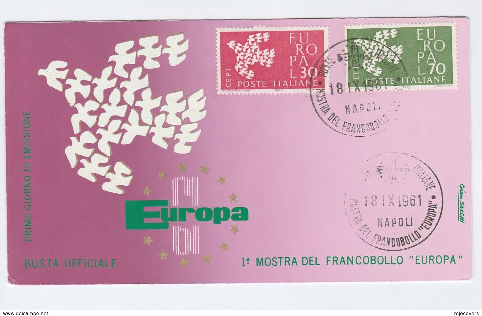 1961 ITALY FDC EUROPA Stamps SPECIAL Pmk NAPLES PHILATELIC EXHIBITION, Cover By Gian Sacchi - 1961