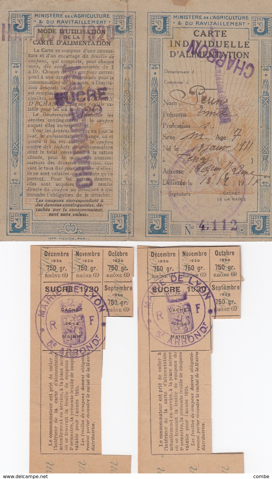 CARTE ALIMENTATION.. --J--.. 13.12 1915 + 2 COUPONS SUCRE LYON - Ohne Zuordnung