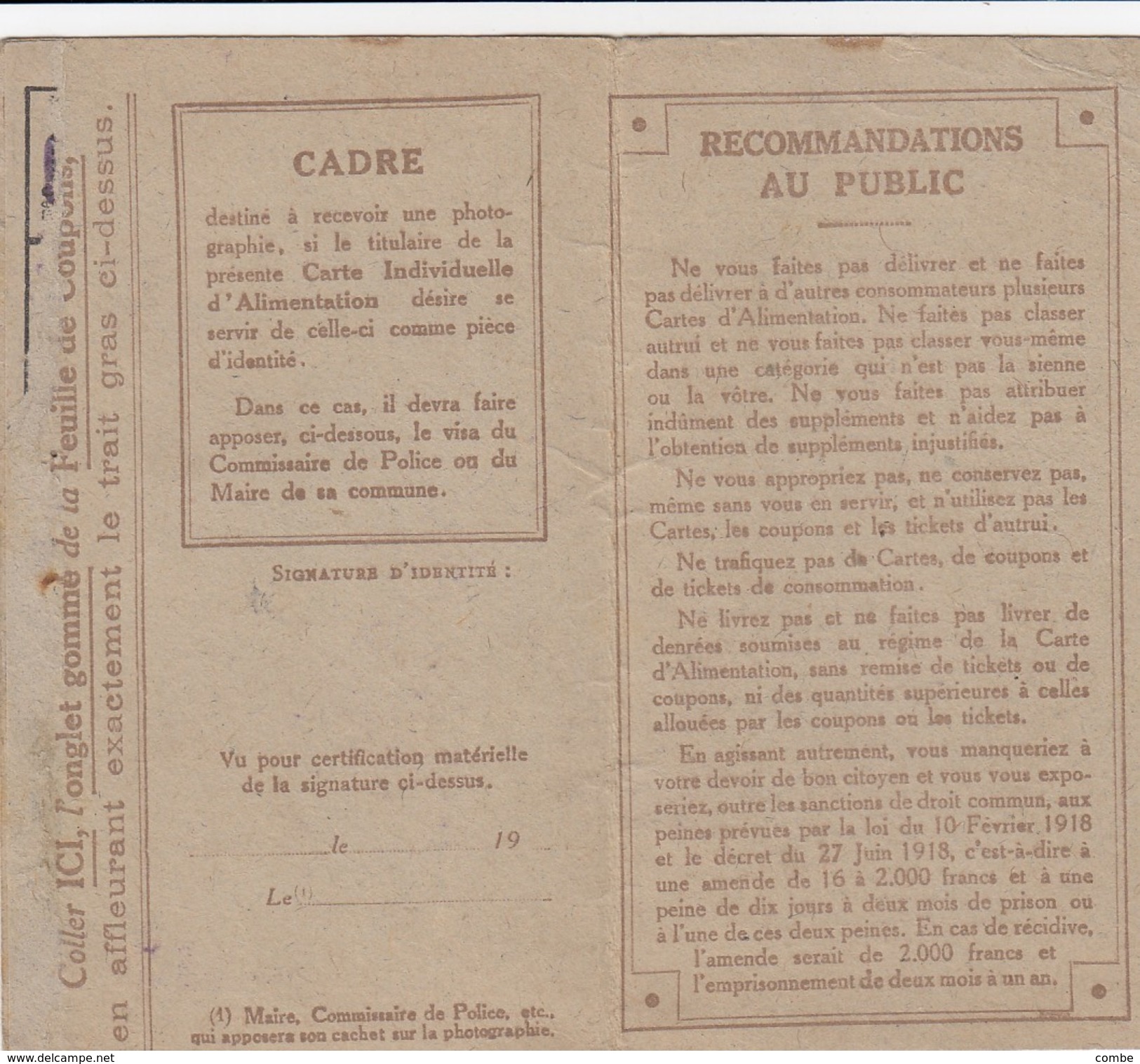 CARTE ALIMENTATION.. --J--.. 13.12 1915 + 2 COUPONS SUCRE LYON - Ohne Zuordnung