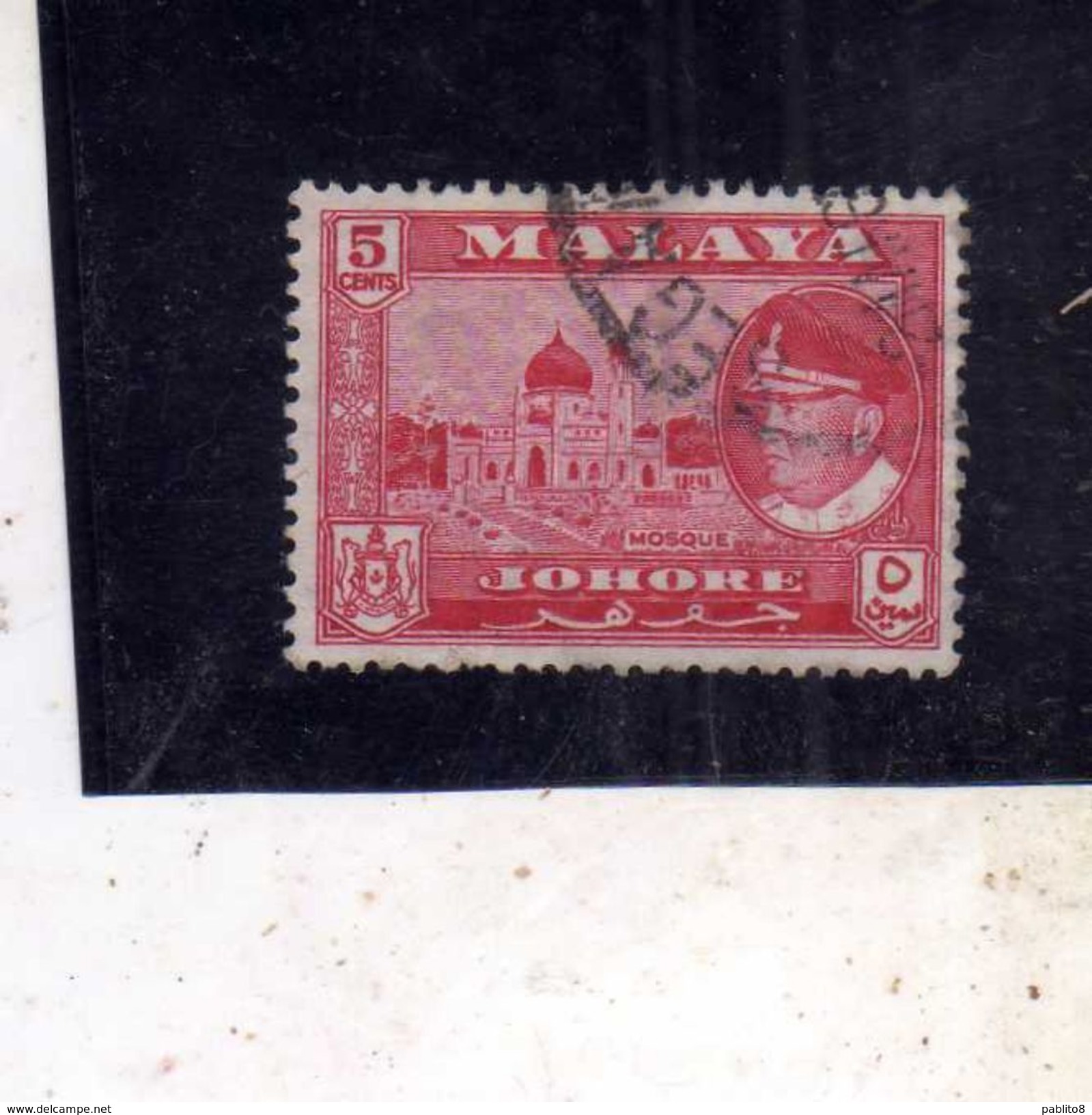 MALAYA MALAISIE MALESIA JOHORE 1960 SULTAN ISMIAL SULTANO MOSQUE MOSCHEA CENT. 5c USATO USED OBLITERE' - Johore