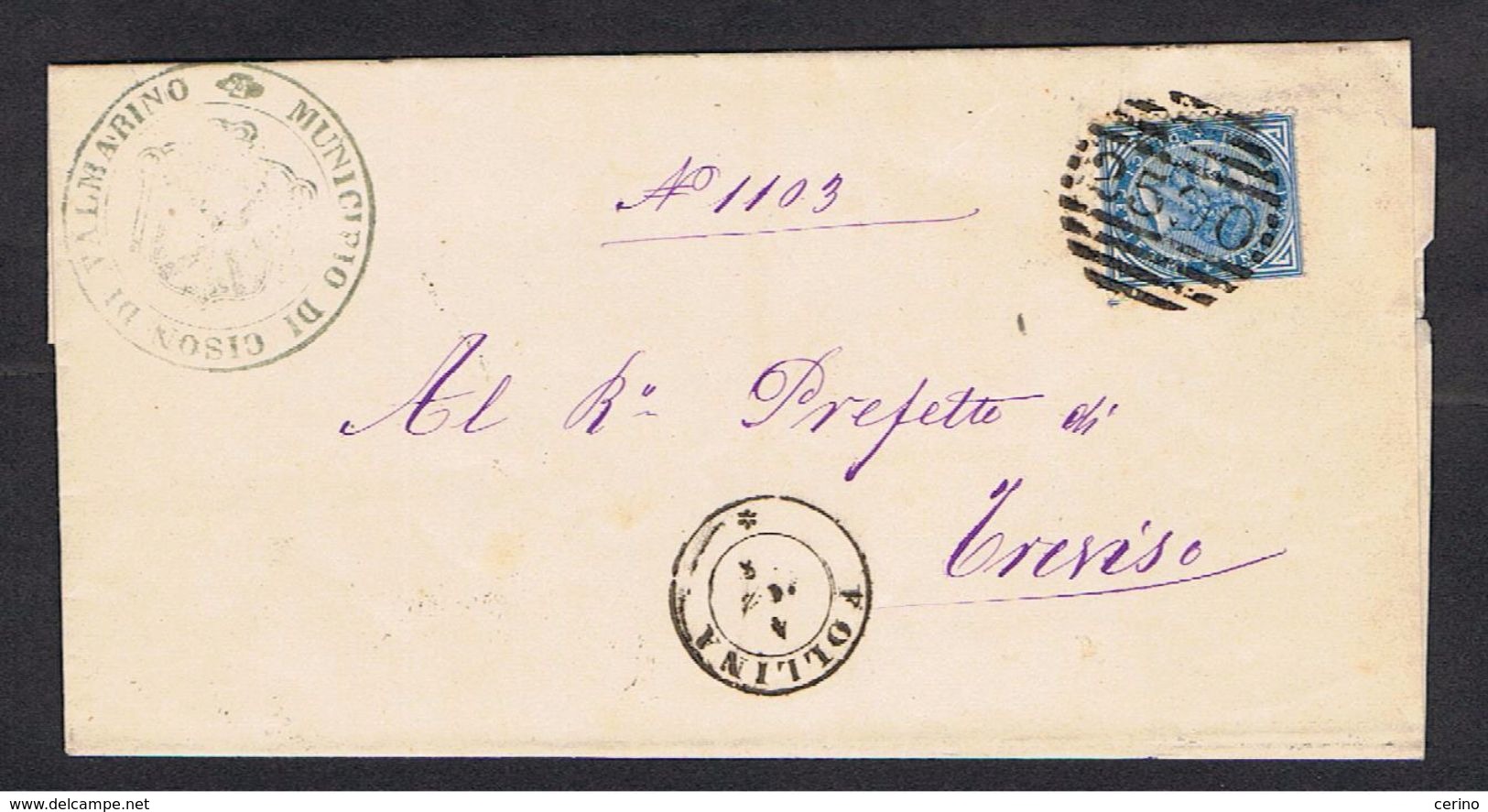 REGNO: 1878  VITT. EM. II° -  10 C. AZZURRO ( 27)  -  ANN. A  SBARRE  DI  FOLLINA  2590 + DOPPIO  CERCHIO  PER  TREVISO - Marcophilia