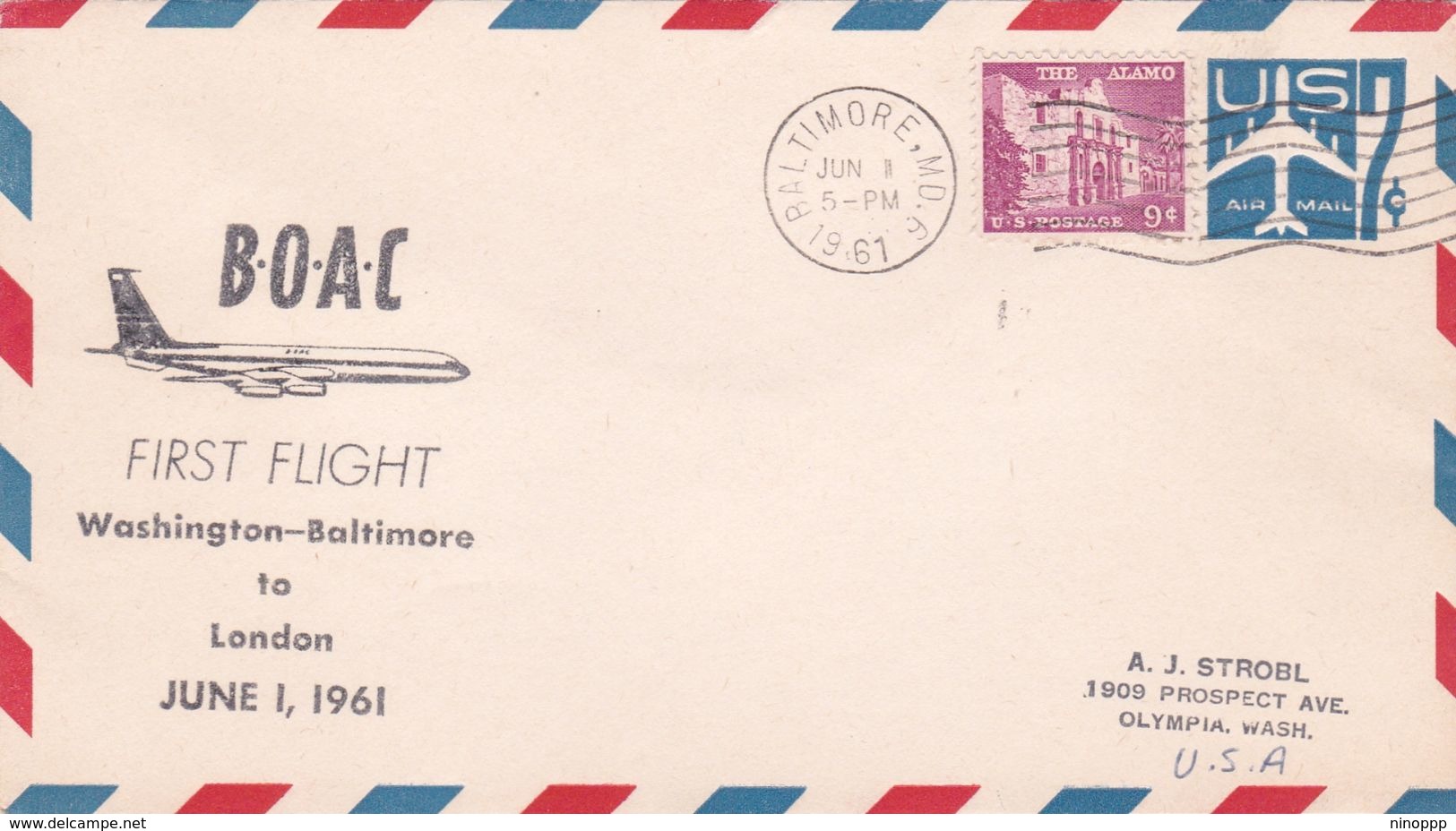 United States 1961 First Flight Baltimore To London By BOAC, Souvenir Cover - Covers & Documents