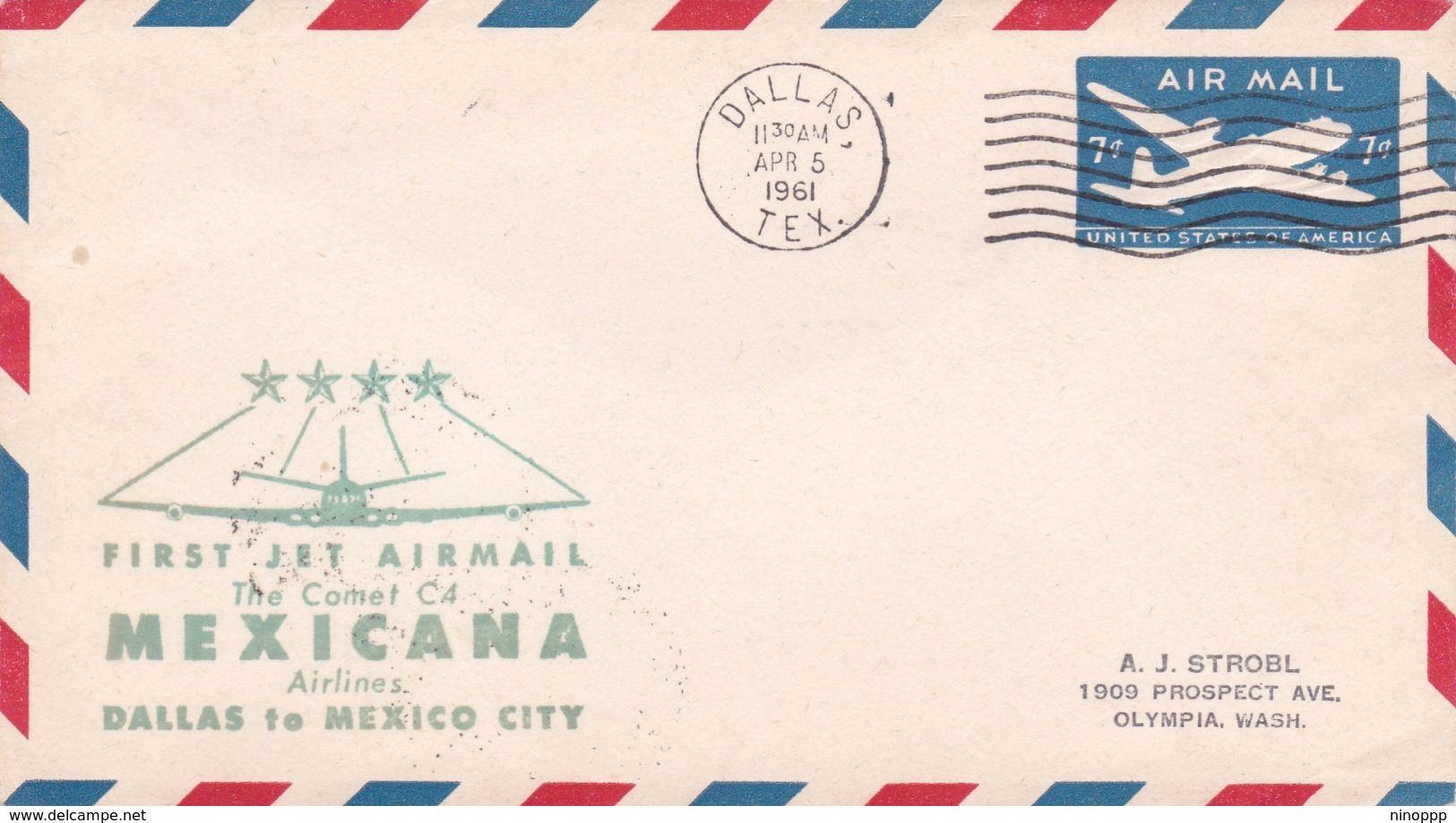 United States 1961 First Jet Airmail The Comet C4 Mexicana Airlines Dallas To Mexico City, Souvenir Cover - Covers & Documents