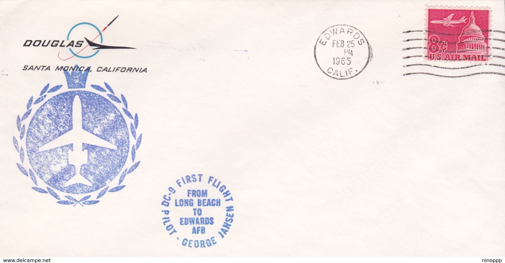 United States 1965 First Flight By DC-9 From Long Beach To Edwards, Souvenir Cover - Covers & Documents