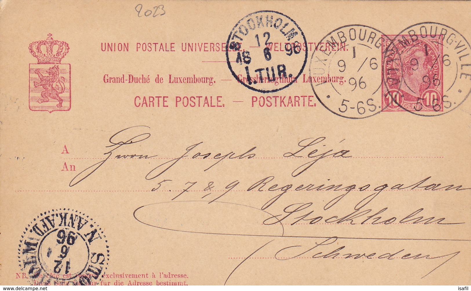 2023# ENTIER POSTAL Datée SEPTFONTAINES Obl LUXEMBOURG 1896 Pour STOCKHOLM SUEDE SWEDEN - Stamped Stationery