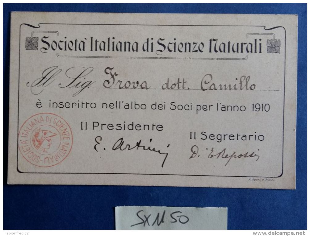 SOCIETA' ITALIANA SCIENZE NATURALI -SOCIO 1910 (SX1150 - Documenti Storici