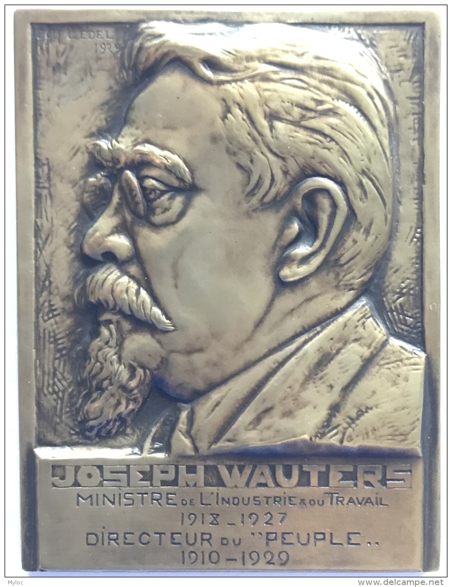 Médaille  Bronze. Joseph Wauters. Ministre-directeur Du "Peuple". Pour Que Le Peuple Lise. Dolf Ledel. 86 X 65mm - 207g - Professionnels / De Société