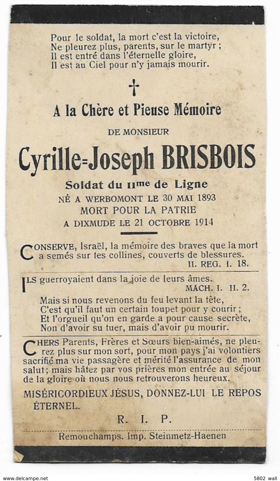 WERBOMONT : Souvenir Pieux De Cyrille-Joseph Brisbois, Soldat Au IIe De Ligne - Décès