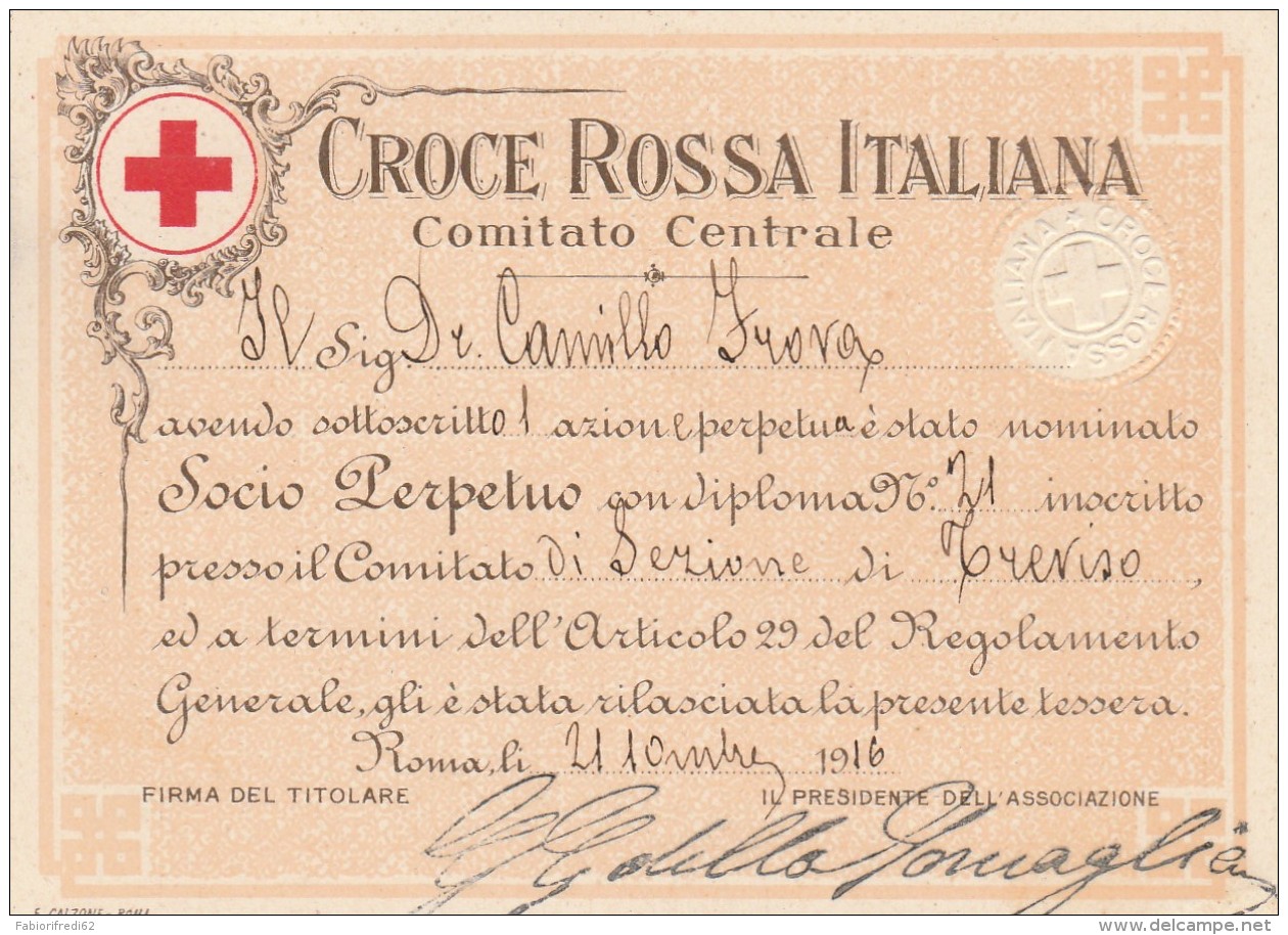 TESSERA SOCIO PERPETUO CROCE ROSSA 1916 (SY105 - Timbri Generalità