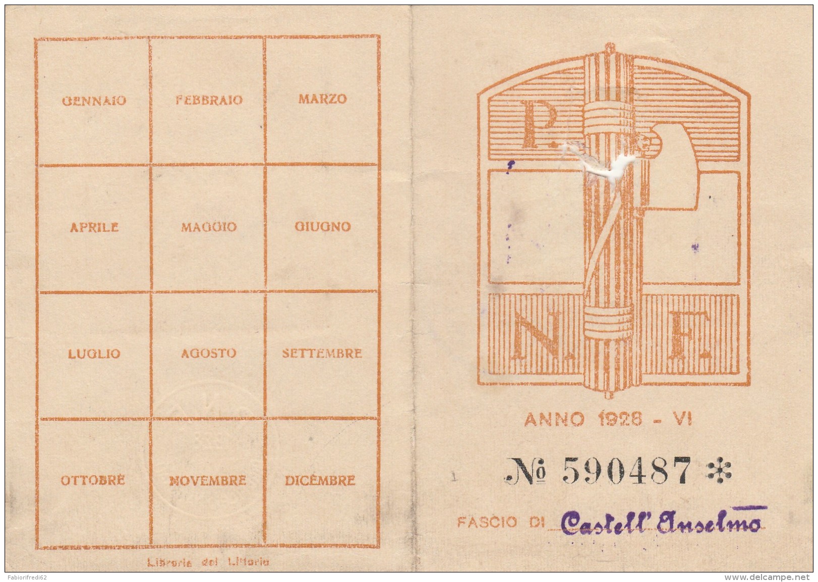 TESSERA PARTITO NAZIONALE FASCISTA 19252 (FORATA PER ASPORTAZIONE FOTO) (SY106 - Timbri Generalità