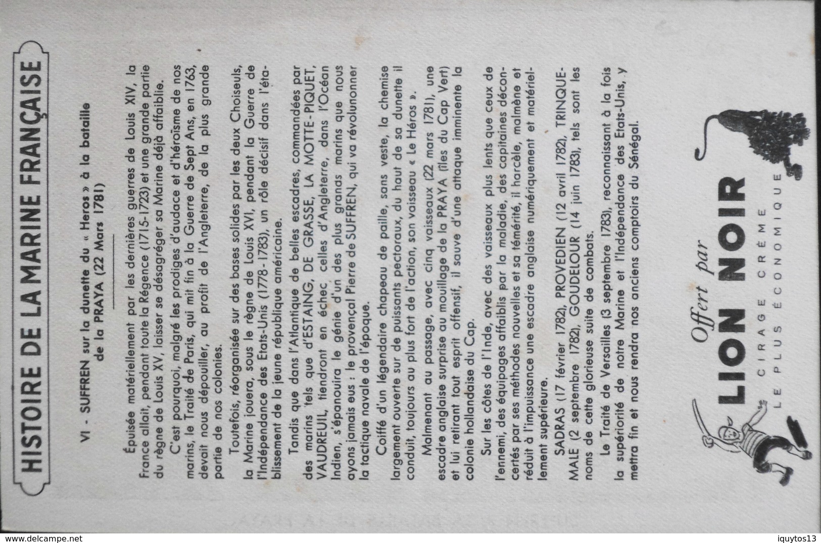 Très Belle Chromo. Offert Par LION NOIR Cirage Créme - HISTOIRE De La MARINE FRANCAISE N° VI SUFFREN à La Bataille - TBE - Boats