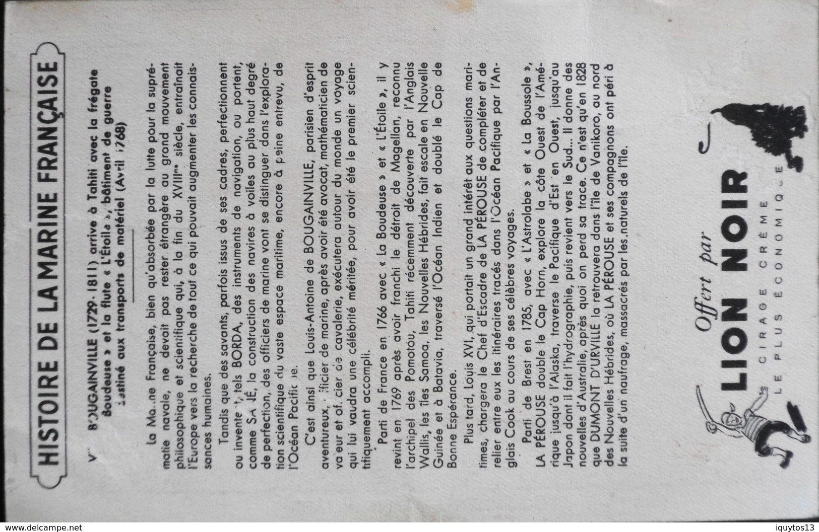 Très Belle Chromo. Offert Par LION NOIR Cirage Créme - HISTOIRE De La MARINE FRANCAISE N° VII BOUGAINVILLE - TBE - Bateaux