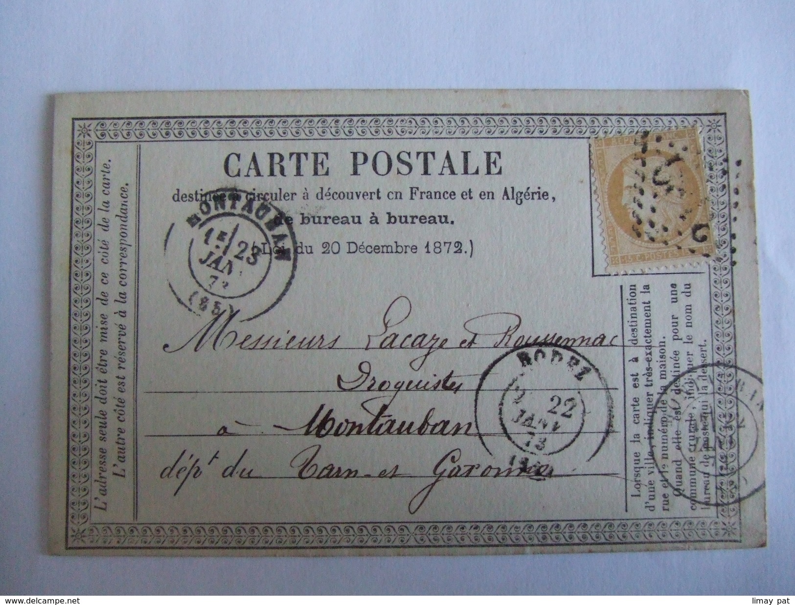 CARTE Précurseur Originale 22 Janvier 1873 !!!! Tout Début Des Cartes Postales  RODEZ Vers Montauban - 1871-1875 Cérès