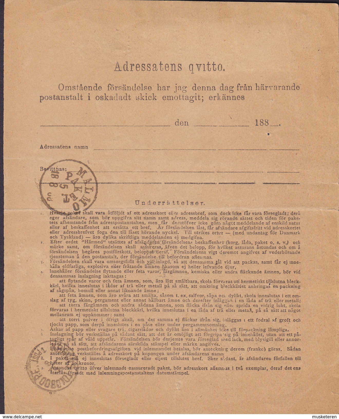 Sweden Adresskort Till Paketpostförsändelse Freight Bill Bulletin D'Expedition GÖTEBORG 1888 KJØBENHAVN Denmark (2 Scans - Briefe U. Dokumente