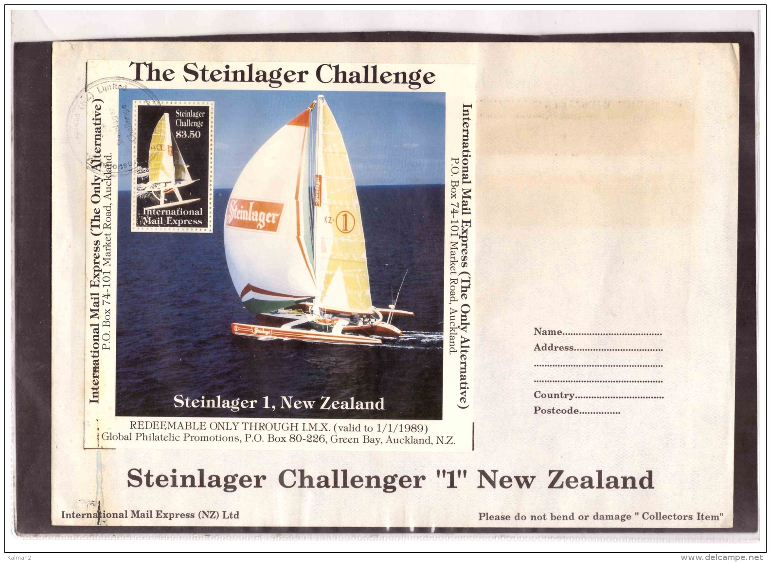 AU190   -   INTERNATIONAL MAIL EXPRESS  $ 3,50   MINIATURE STAMP SHEET    /   COVER  " STEINLAGER CHALLENGER -1- NEW ZEA - Variétés Et Curiosités