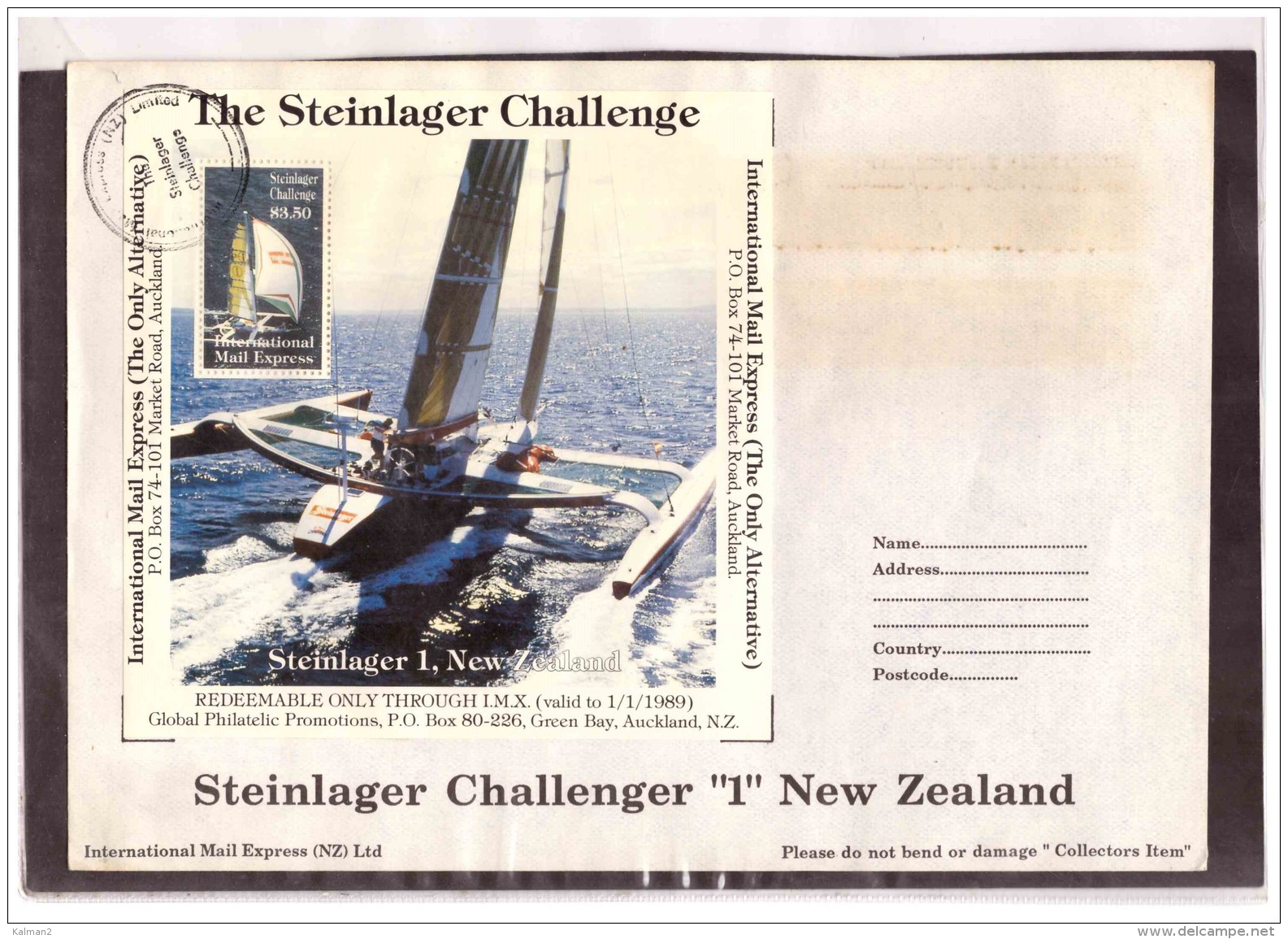 AU191   -   INTERNATIONAL MAIL EXPRESS  $ 3,50   MINIATURE STAMP SHEET    /   COVER  " STEINLAGER CHALLENGER -1- NEW ZEA - Variétés Et Curiosités