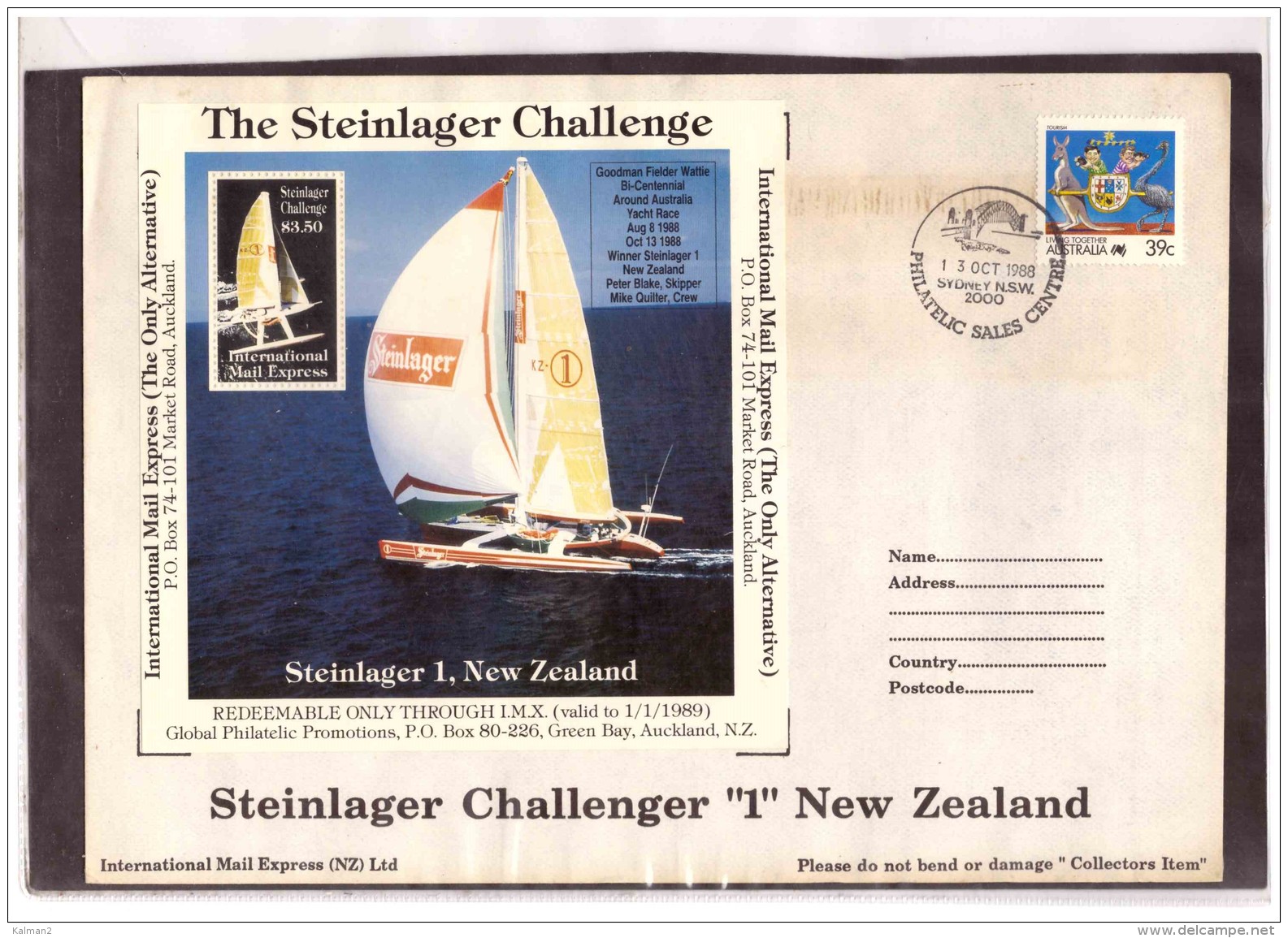 AU192   -   INTERNATIONAL MAIL EXPRESS  $ 3,50   MINIATURE STAMP SHEET    /   COVER  " STEINLAGER CHALLENGER -1- NEW ZEA - Variétés Et Curiosités