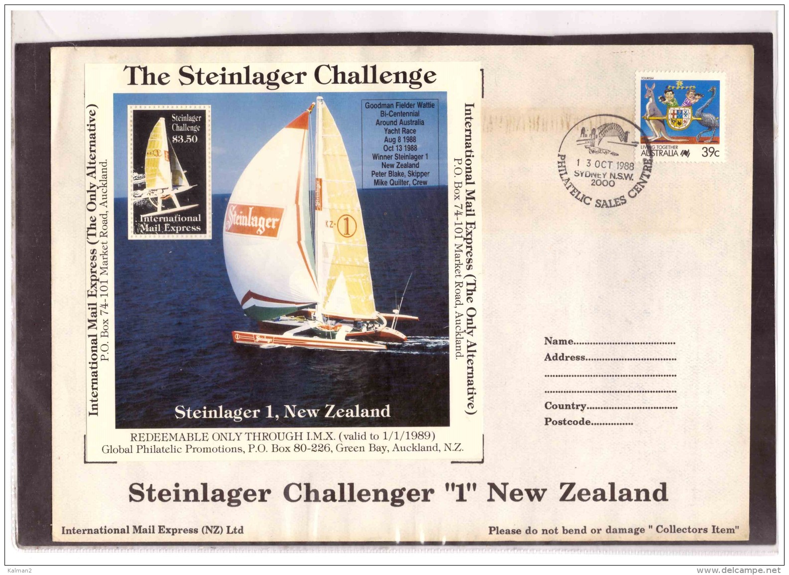 AU192   -   INTERNATIONAL MAIL EXPRESS  $ 3,50   MINIATURE STAMP SHEET    /   COVER  " STEINLAGER CHALLENGER -1- NEW ZEA - Errors, Freaks & Oddities (EFO)