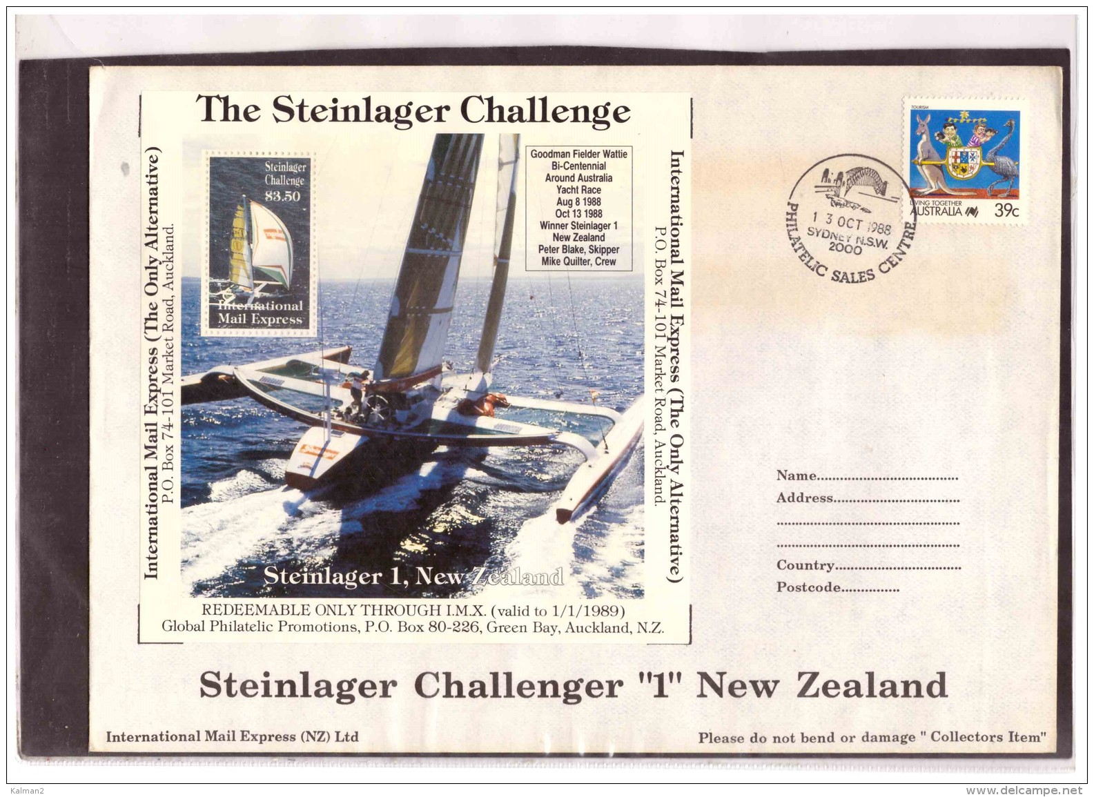 AU193   -   INTERNATIONAL MAIL EXPRESS  $ 3,50   MINIATURE STAMP SHEET    /   COVER  " STEINLAGER CHALLENGER -1- NEW ZEA - Errors, Freaks & Oddities (EFO)