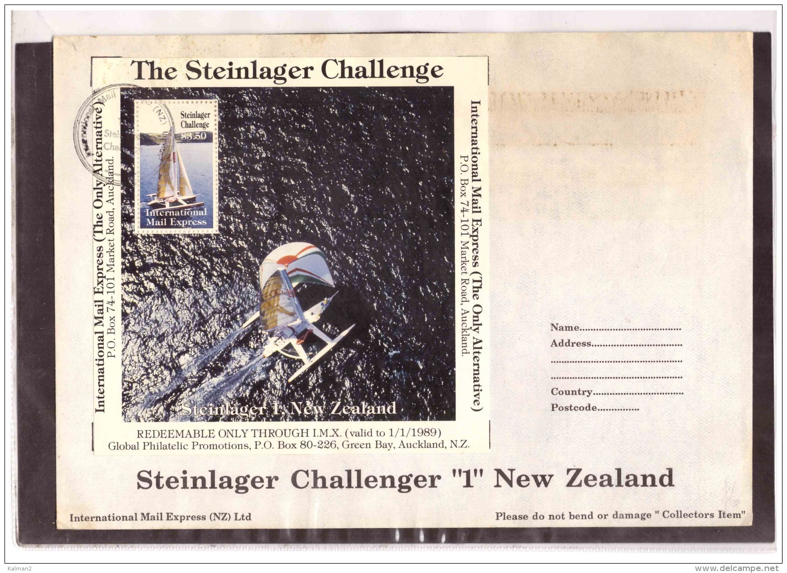 AU194   -   INTERNATIONAL MAIL EXPRESS  $ 3,50   MINIATURE STAMP SHEET    /   COVER  " STEINLAGER CHALLENGER -1- NEW ZEA - Variétés Et Curiosités