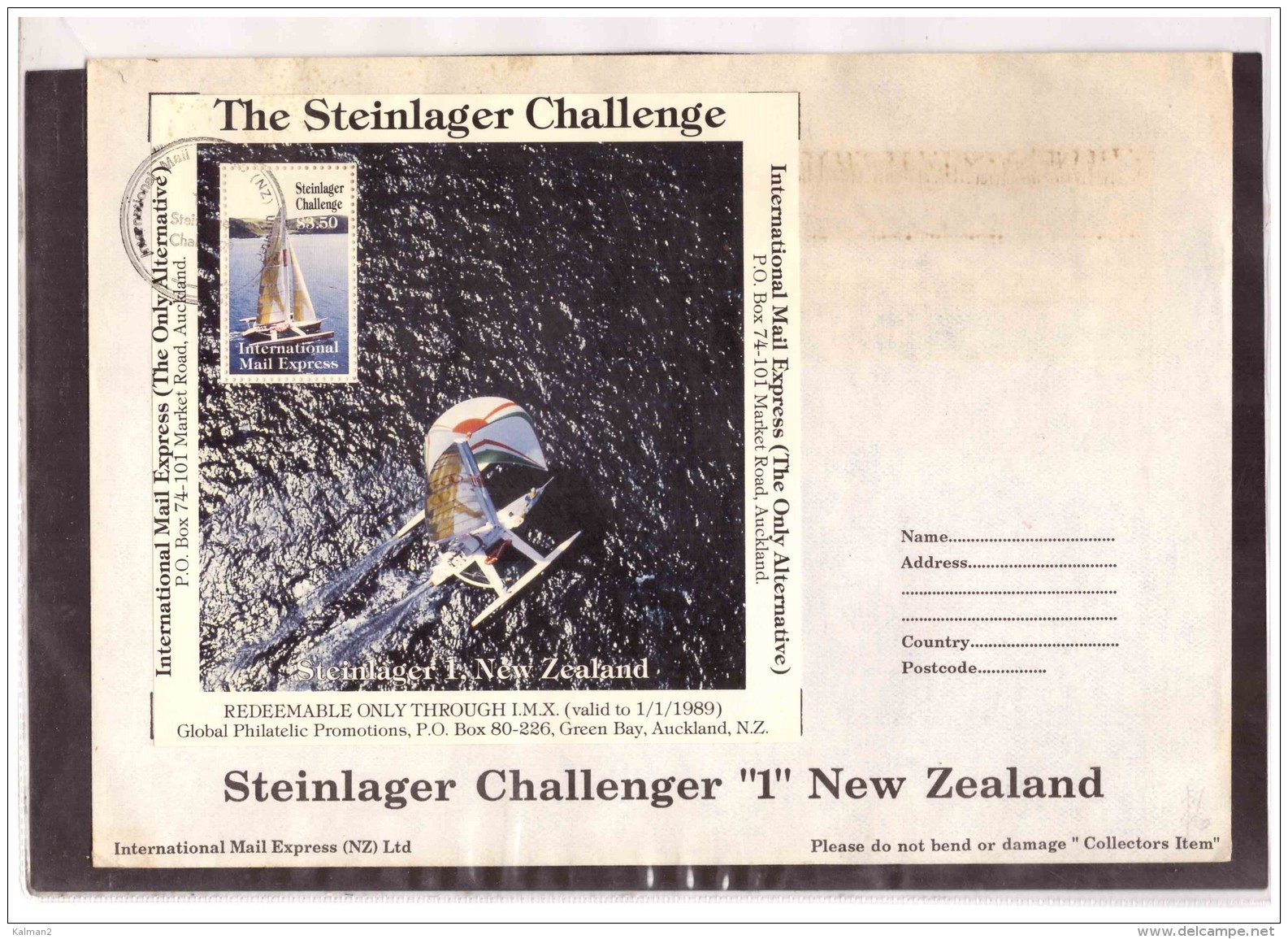 AU194   -   INTERNATIONAL MAIL EXPRESS  $ 3,50   MINIATURE STAMP SHEET    /   COVER  " STEINLAGER CHALLENGER -1- NEW ZEA - Varietà & Curiosità