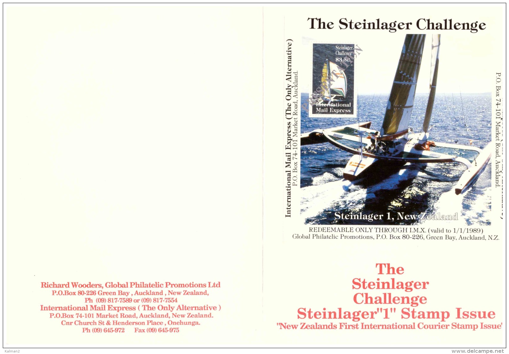 AU197 - INTERNATIONAL MAIL EXPRESS  $ 3,50   MINIATURE STAMP SHEET/ CARDBOARD  " STEINLAGER CHALLENGER -1- NEW ZEA - Abarten Und Kuriositäten