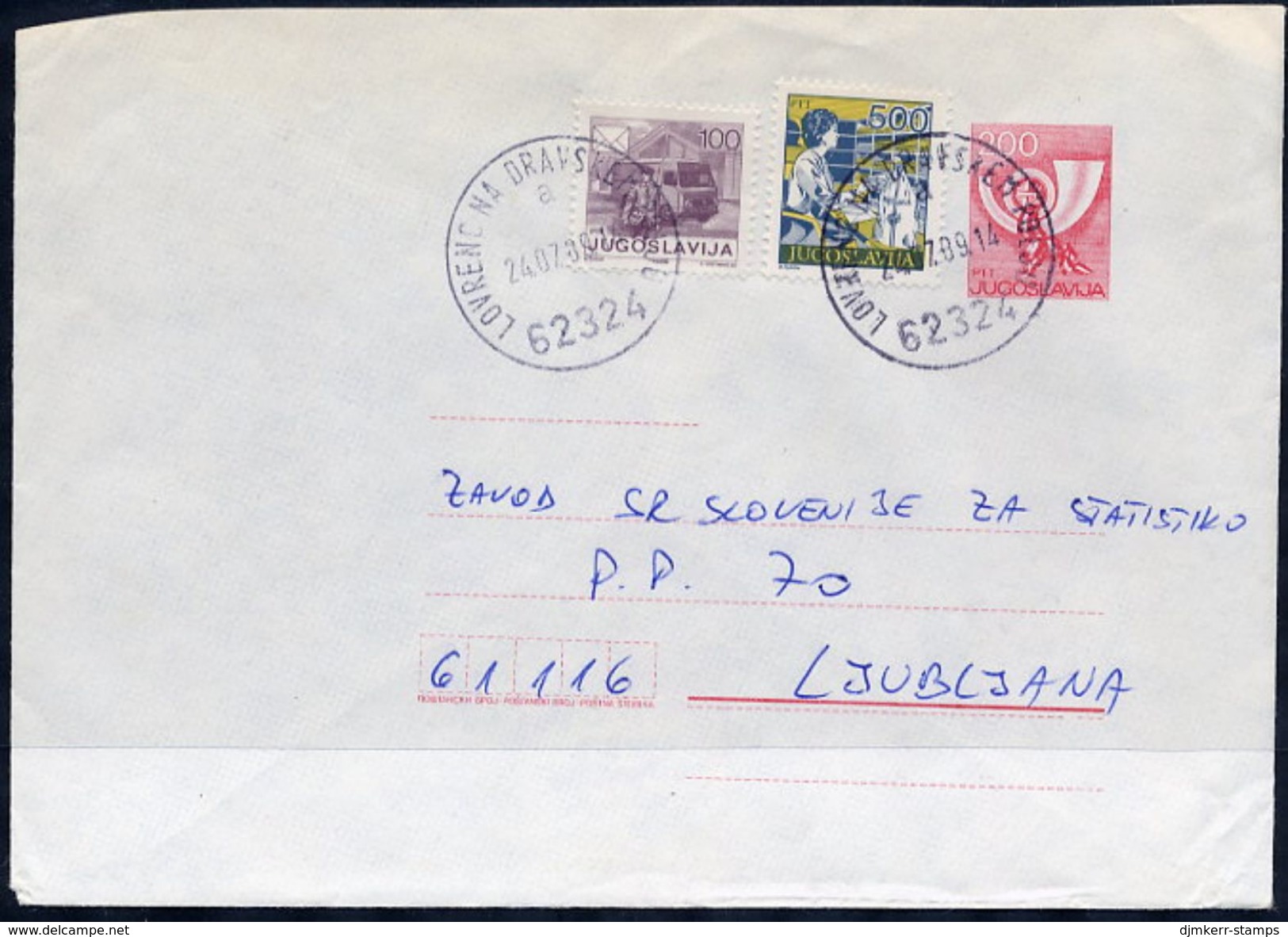 YUGOSLAVIA 1988 Posthorn 200 D.stationery Envelope Used With Additional Franking.  Michel U82 - Entiers Postaux